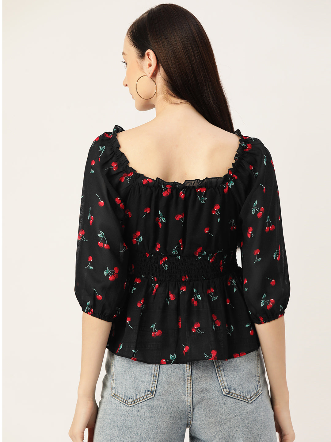 Black Conversational Print Georgette Peplum Top