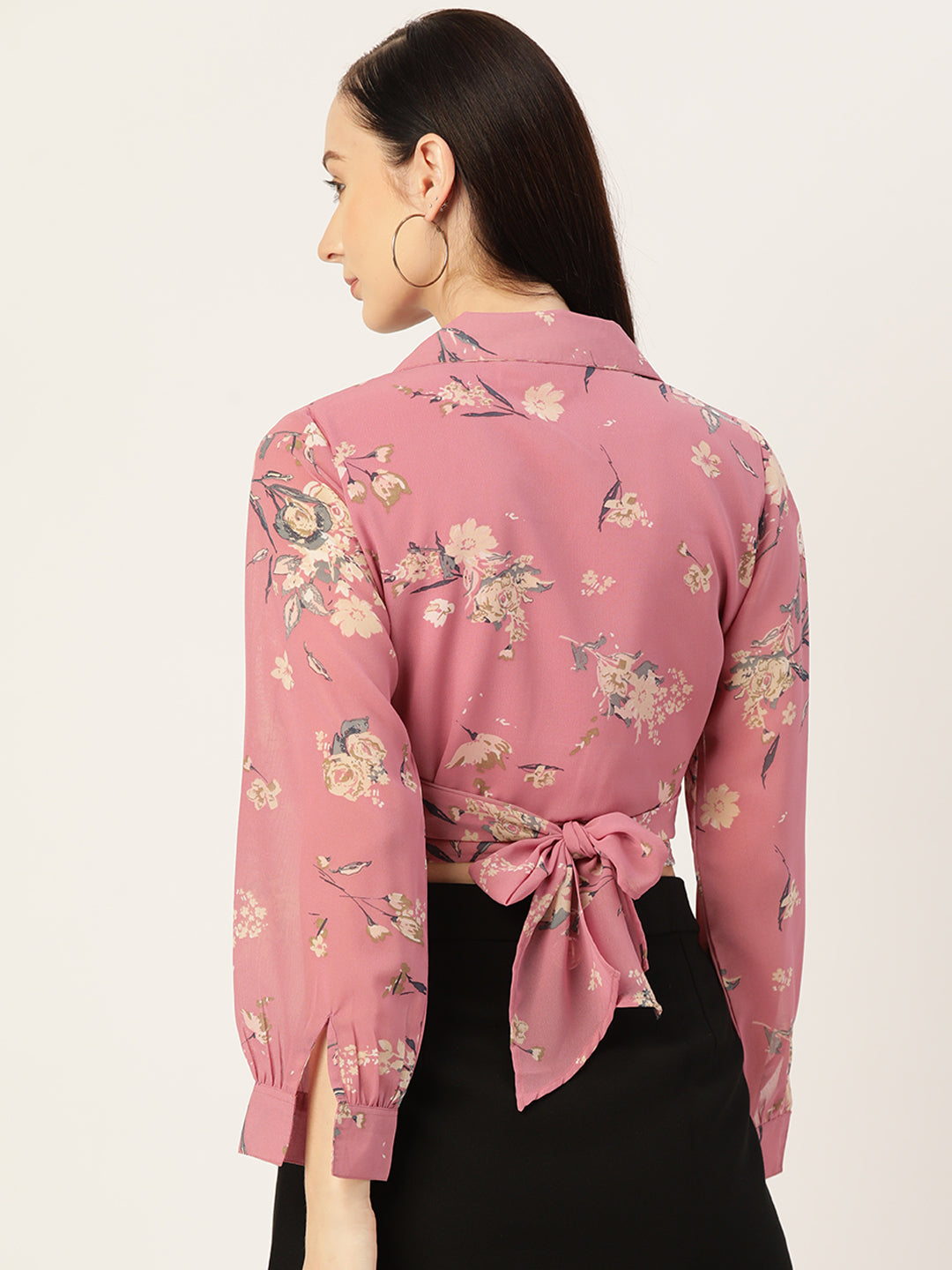 Pink Floral Print Georgette Wrap Crop Top