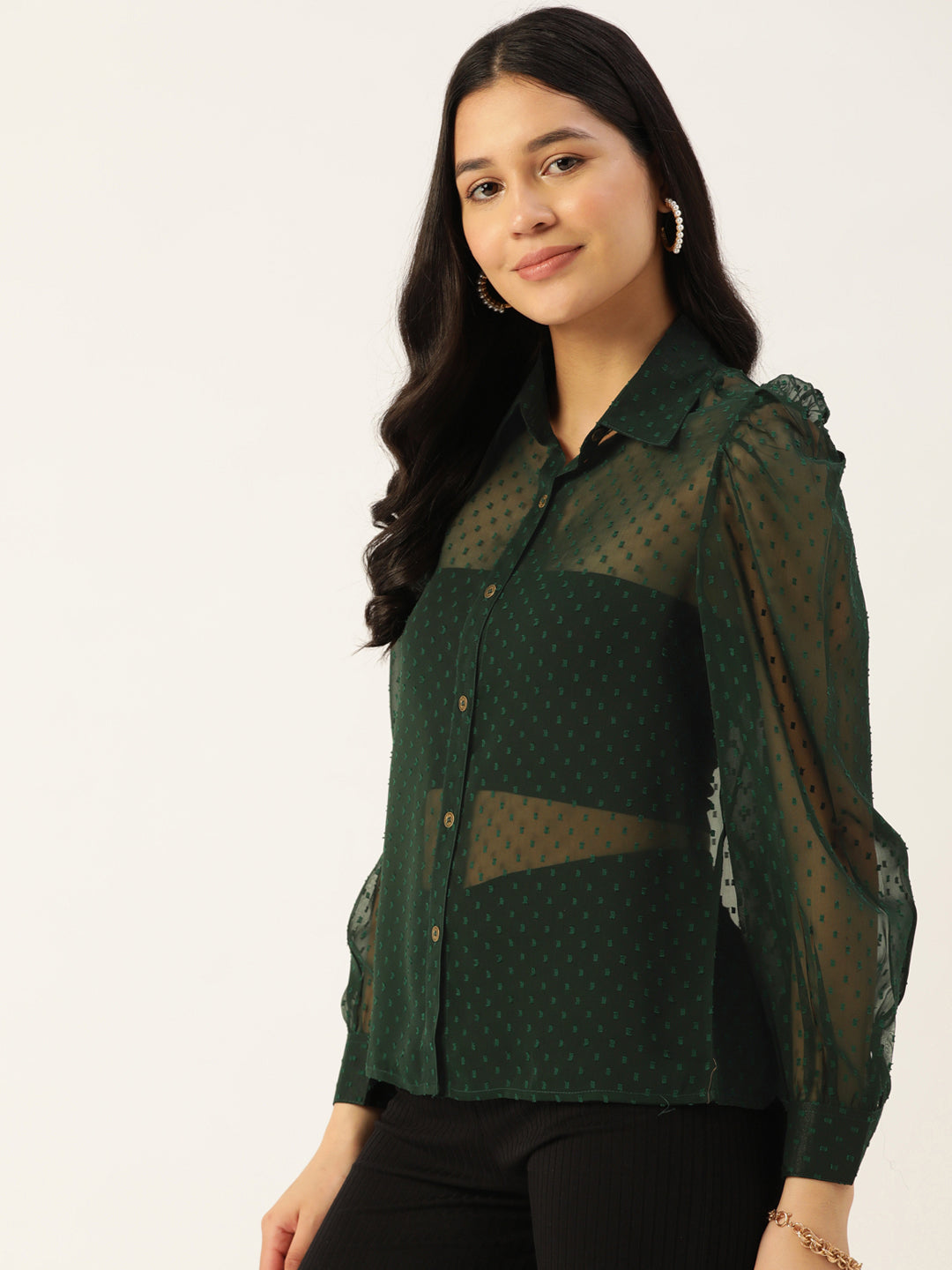 Dark Green Sheer Georgette Party Shirt