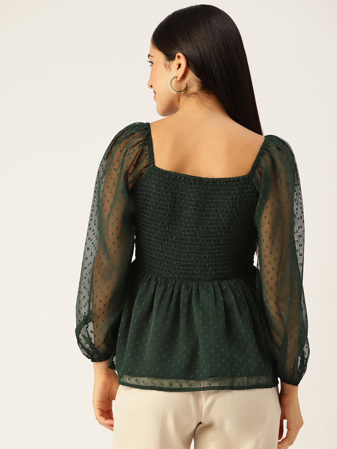 Dark Green Sweetheart Neck Georgette Peplum Top