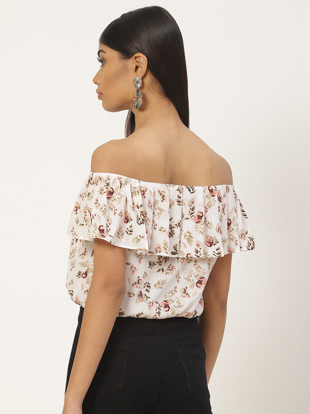 White Floral Print Off-Shoulder Ruffles Bardot Top