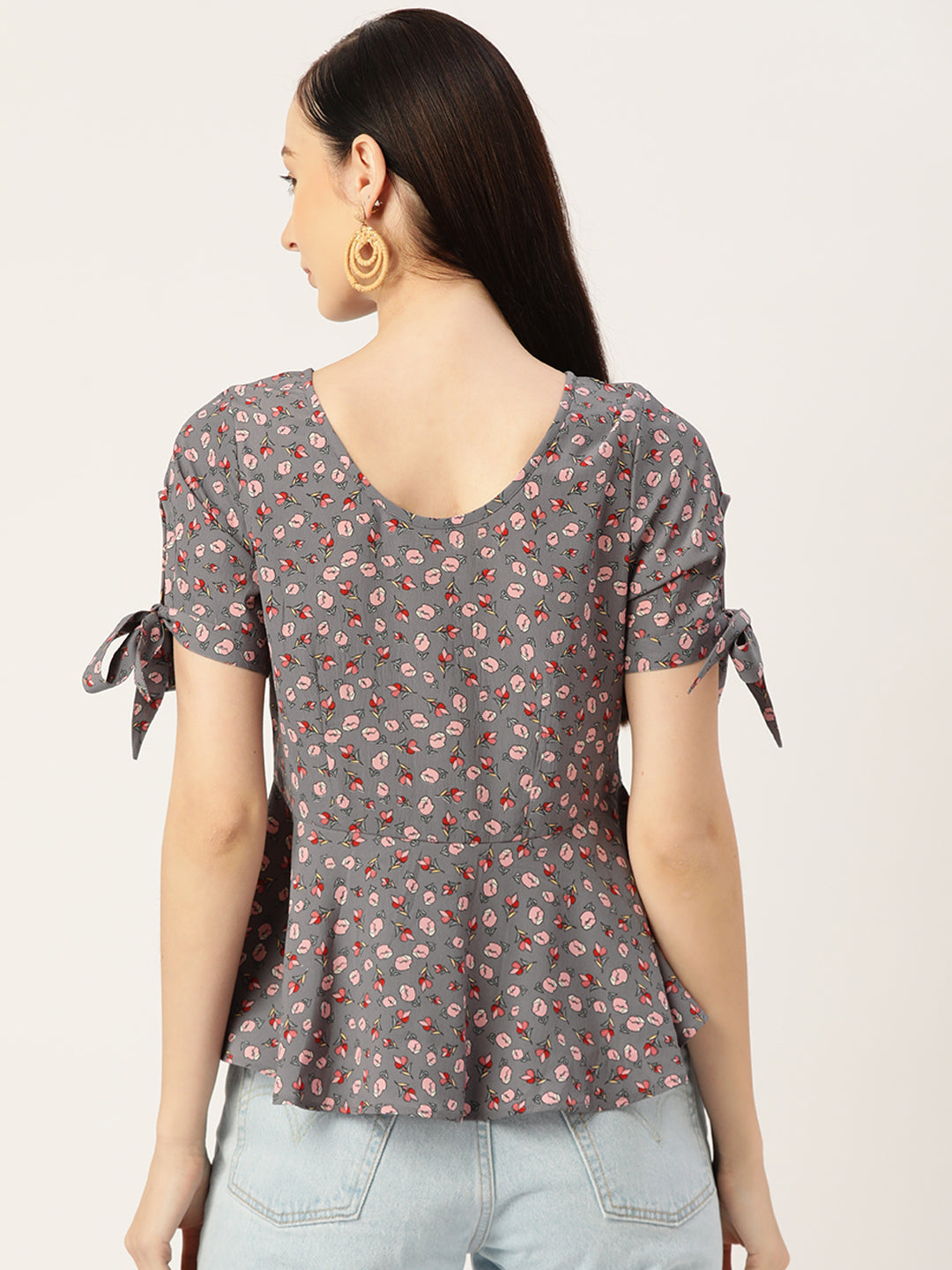 Grey Floral Print Crepe Top