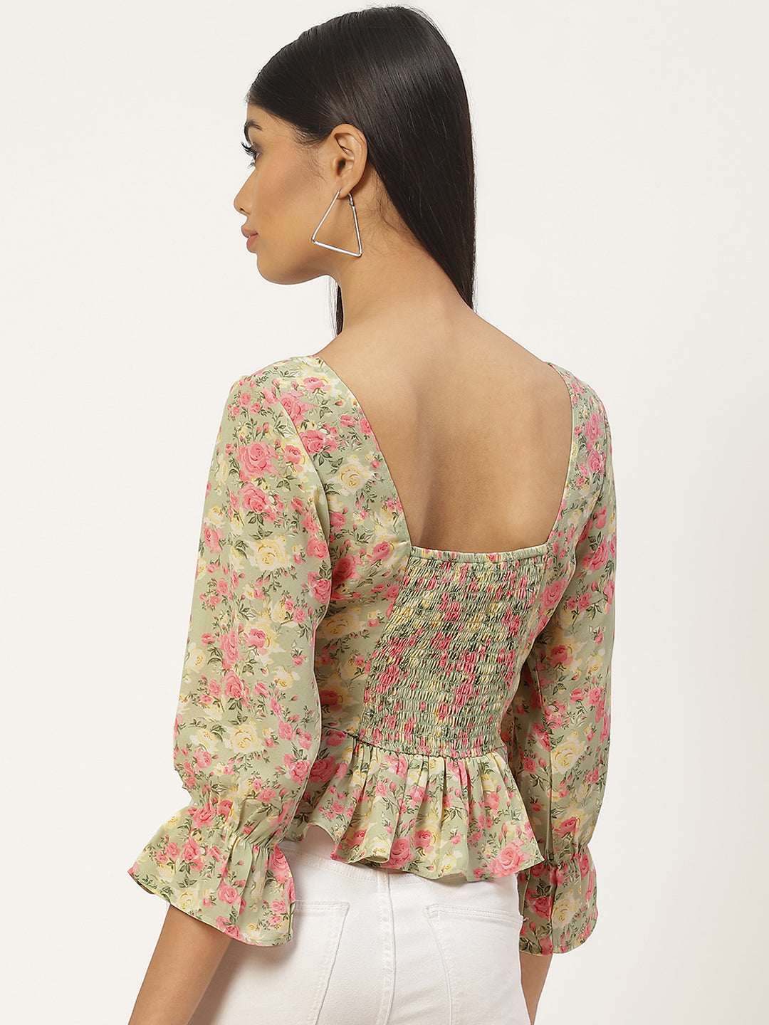 Floral Print Sweetheart Neck Smocked Georgette Peplum Top