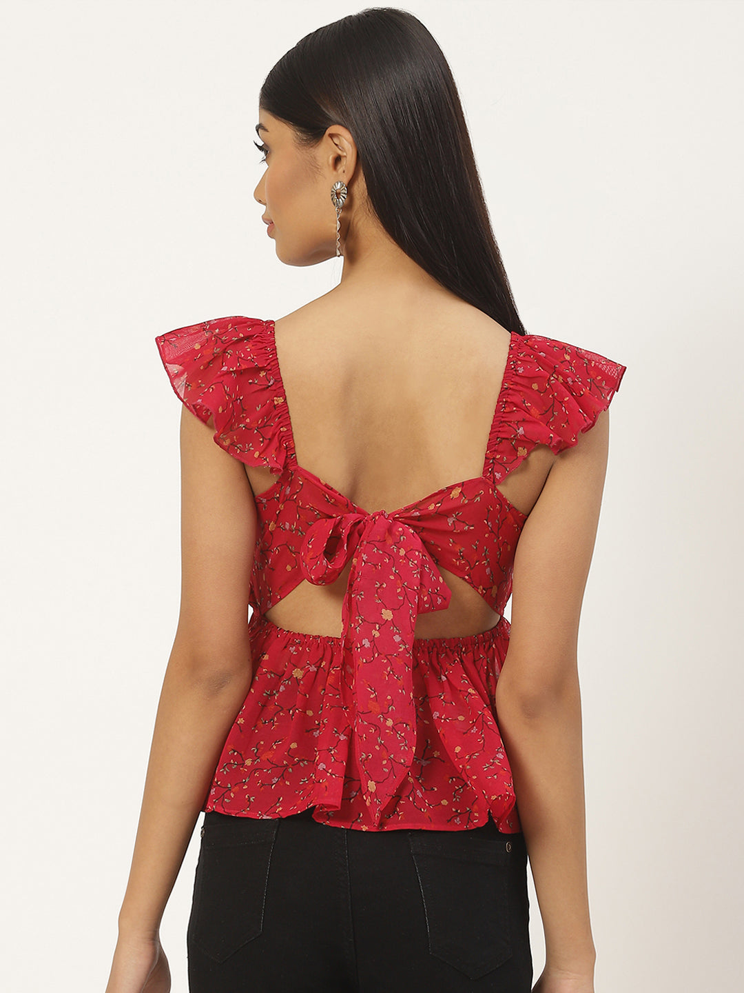 Maroon Floral Print Georgette Peplum Top