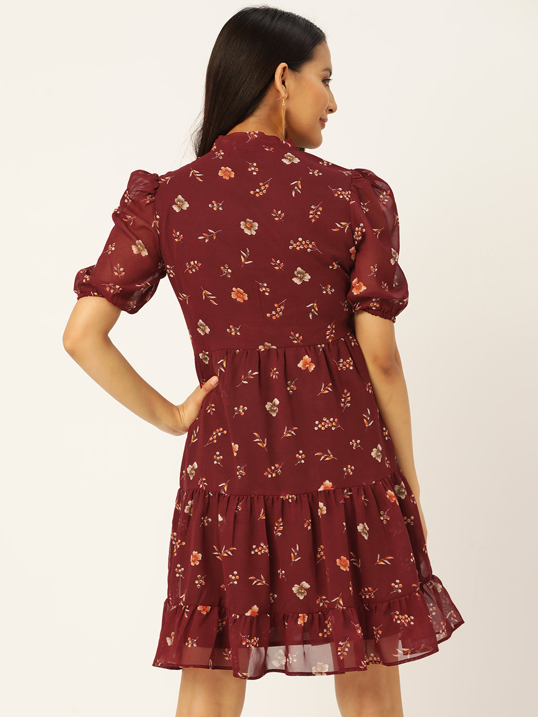 Floral Print Puff Sleeves Tie-Up Neck Georgette A-Line Dress