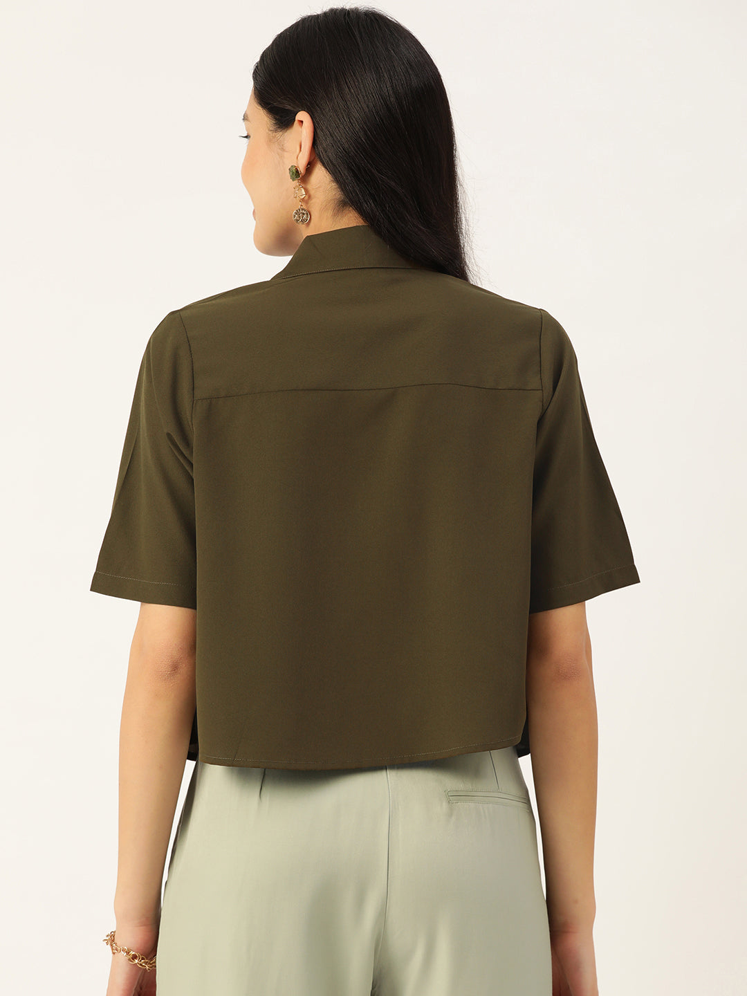 Women Solid Olive Green Casual Shirt