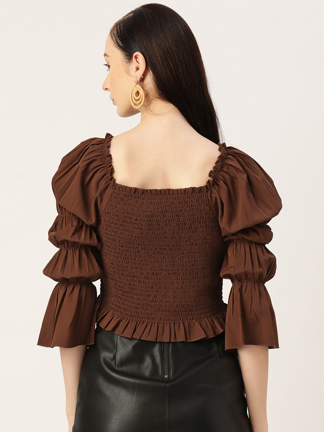 Smocked Brown Crepe Peplum Top