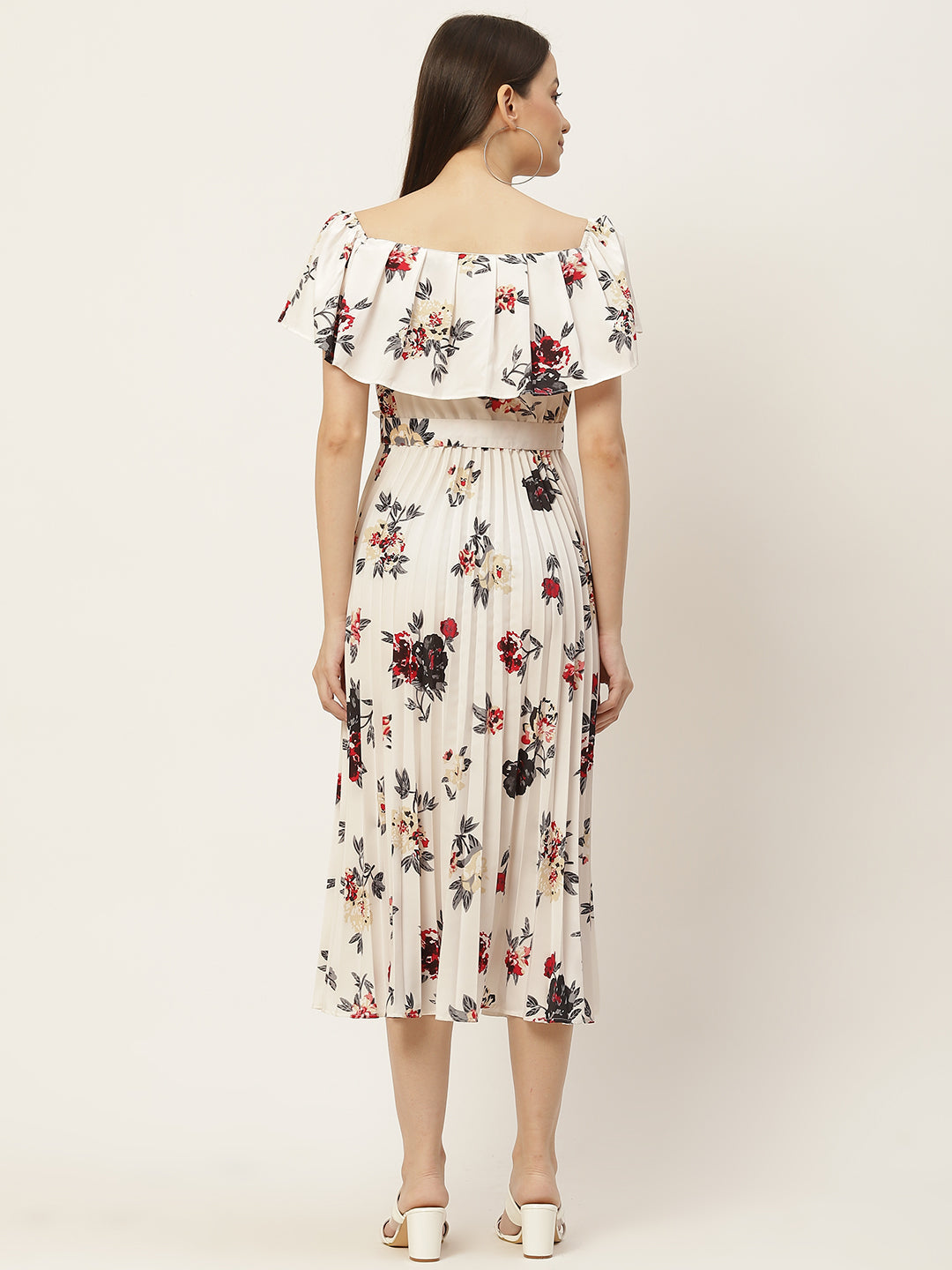 White & Multicoloured Floral Off-Shoulder Layered Crepe A-Line Midi Dress