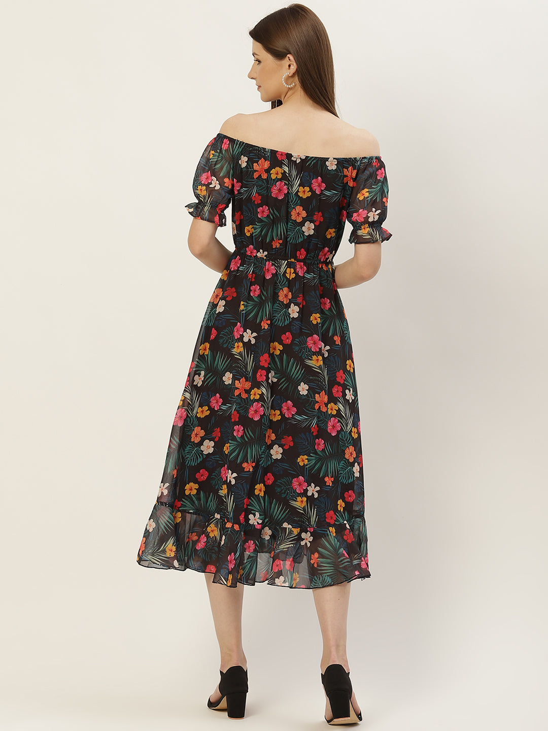 Women Multicoloured Floral Off-Shoulder Georgette A-Line Midi Dress