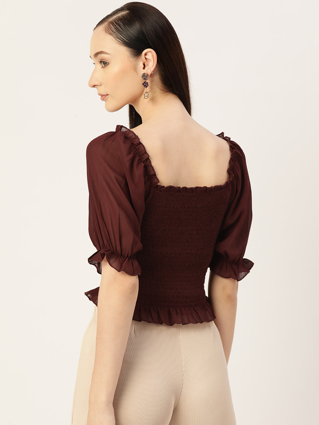 Maroon Smocked Georgette Crop Top