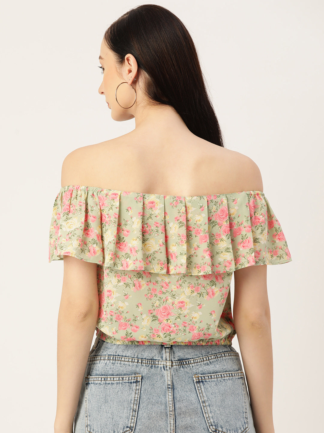 Multicoloured Floral Print Off-Shoulder Ruffles Bardot Top