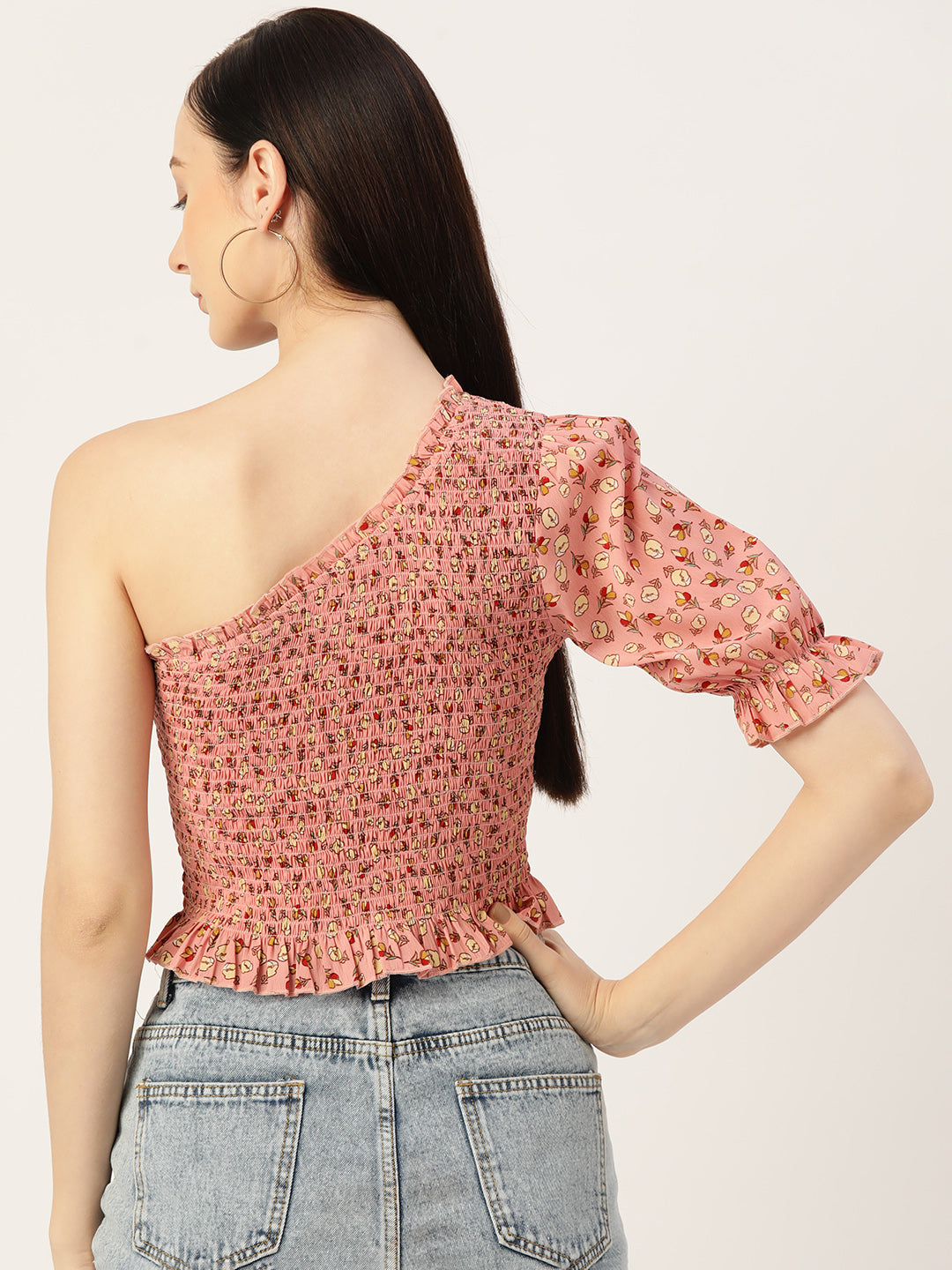 Peach Floral Print Smocked One Shoulder Crepe Top