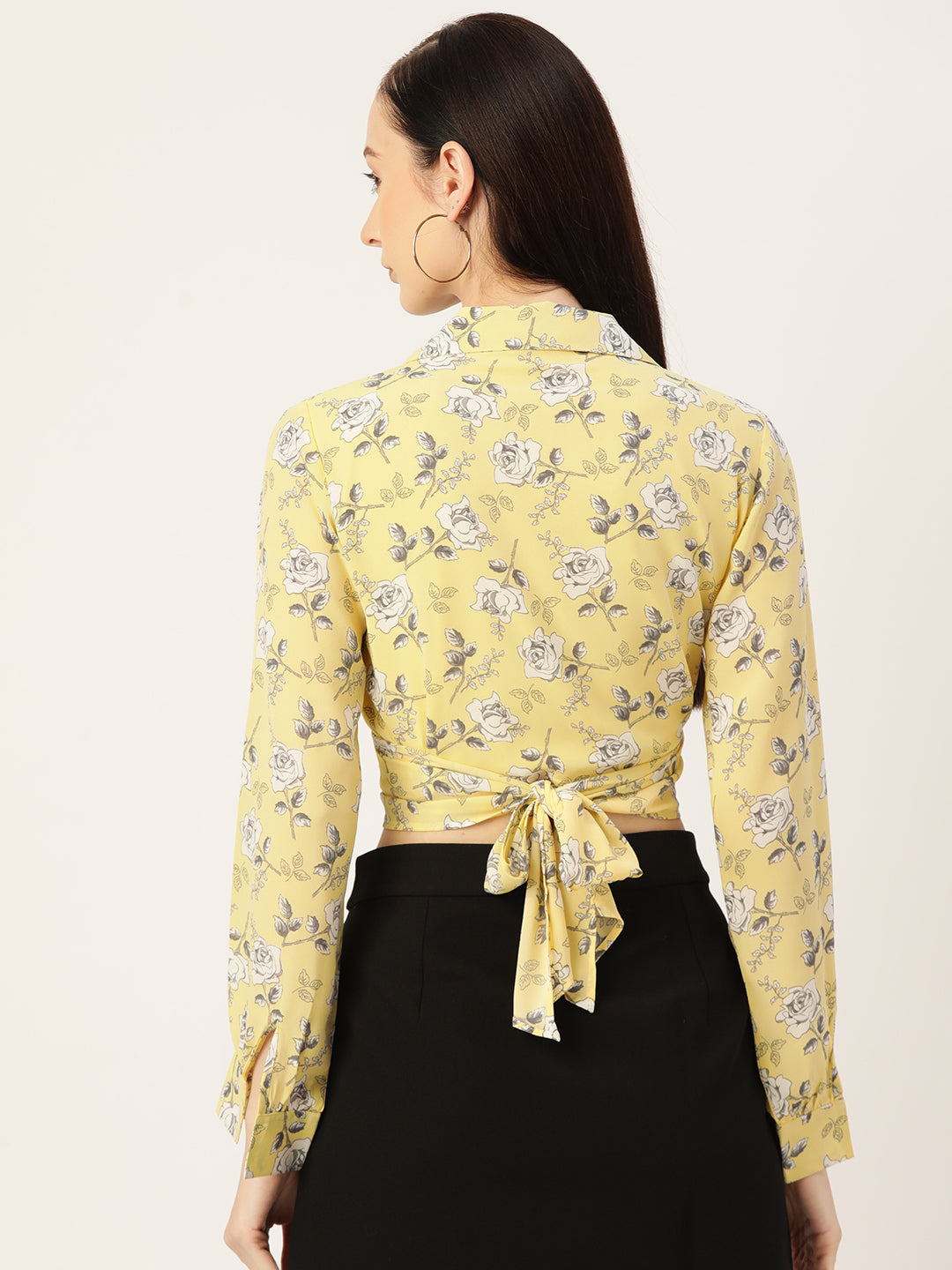 Yellow Floral Print Georgette Wrap Crop Top