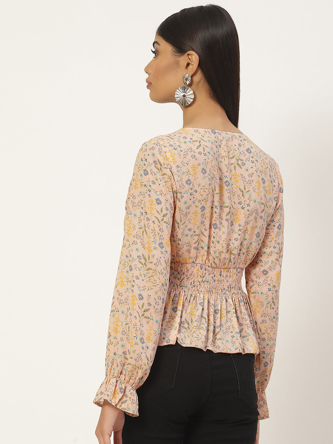 Floral Print Smocked Georgette Peplum Top