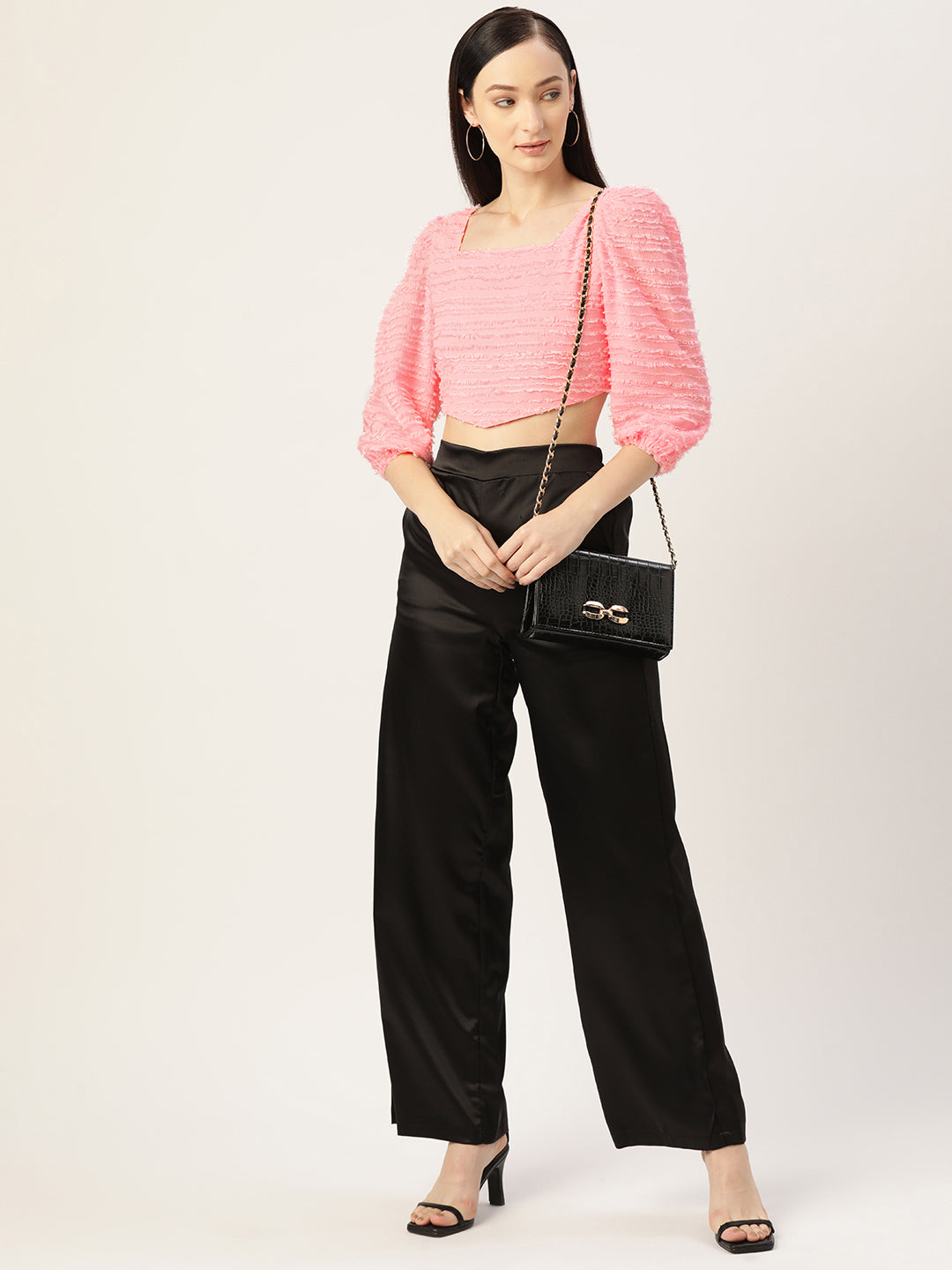 Pink Textured Georgette Crop Top