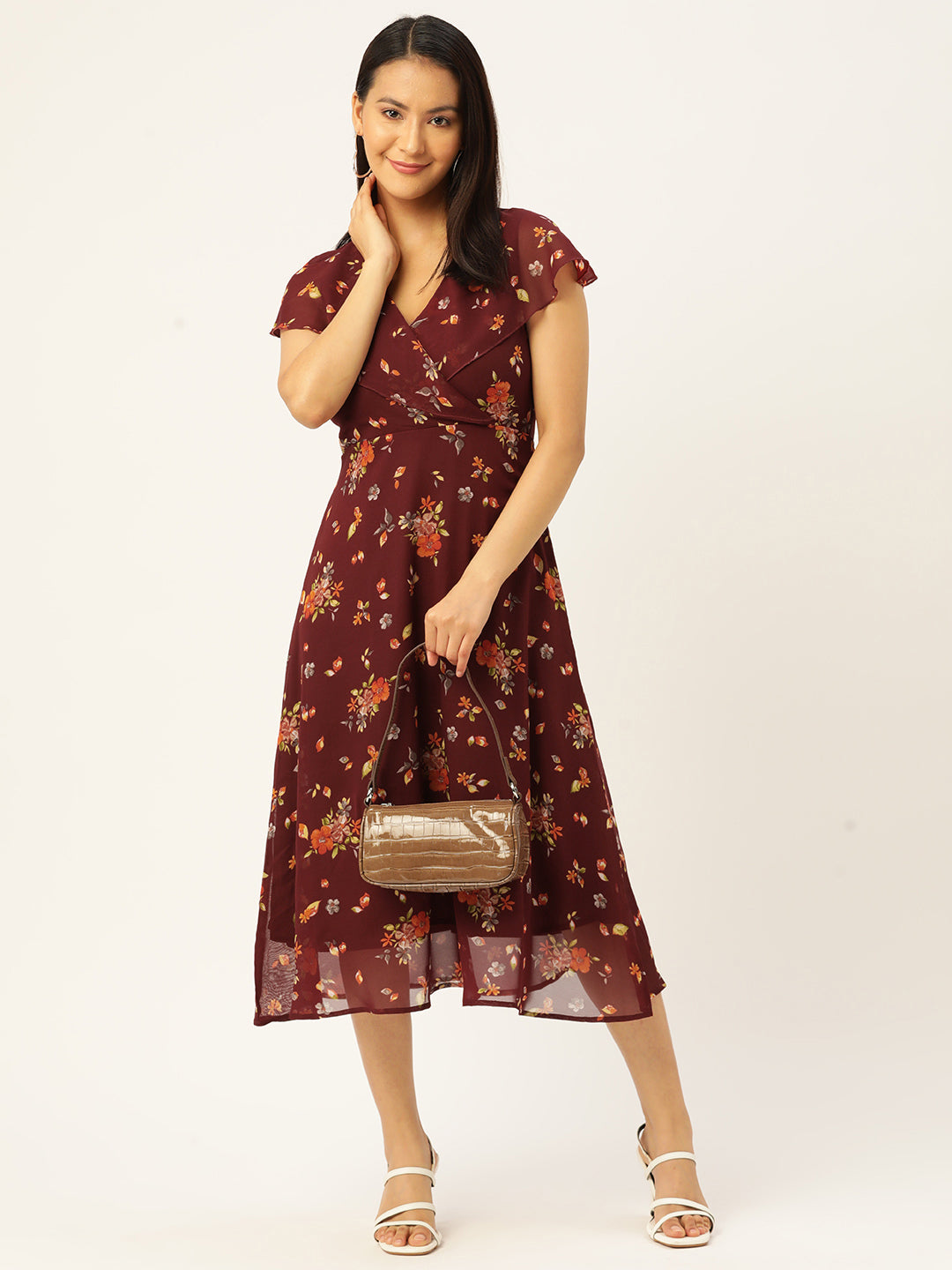 Floral Print Flared Sleeves Georgette Wrap Midi Dress