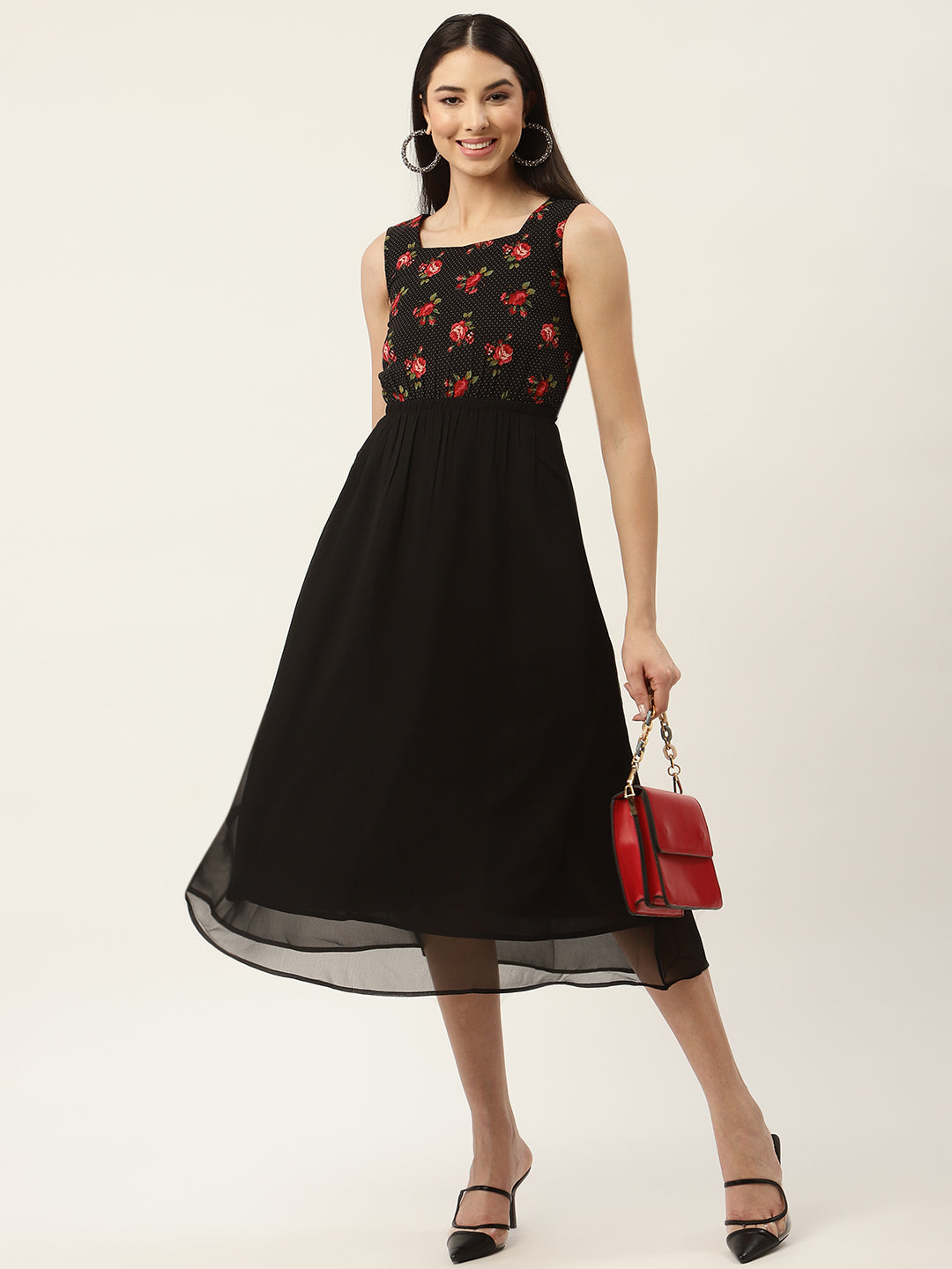 Black & Red Floral Georgette Midi Dress