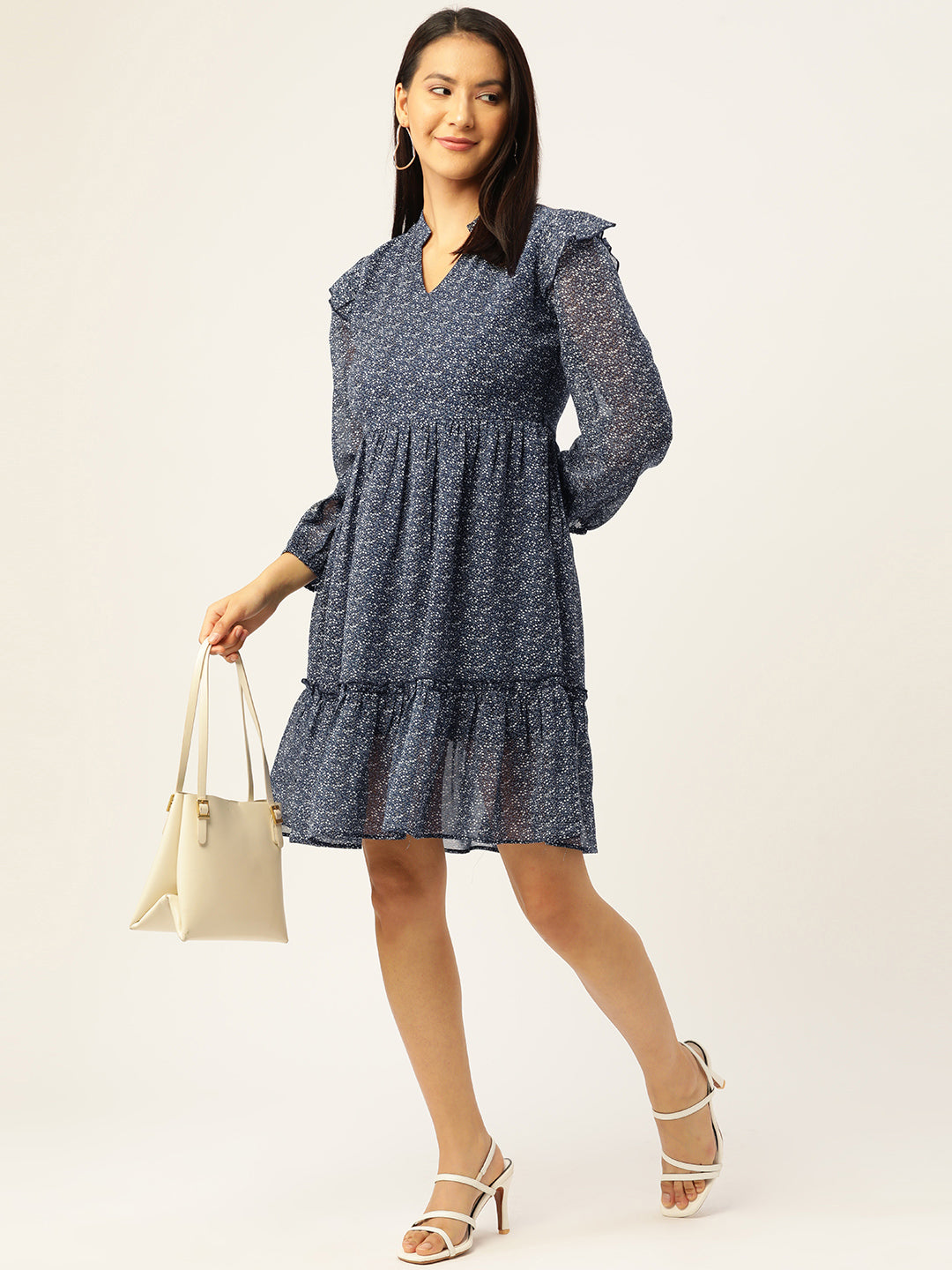 Floral Print Georgette Extended Sleeves Tiered A-Line Dress