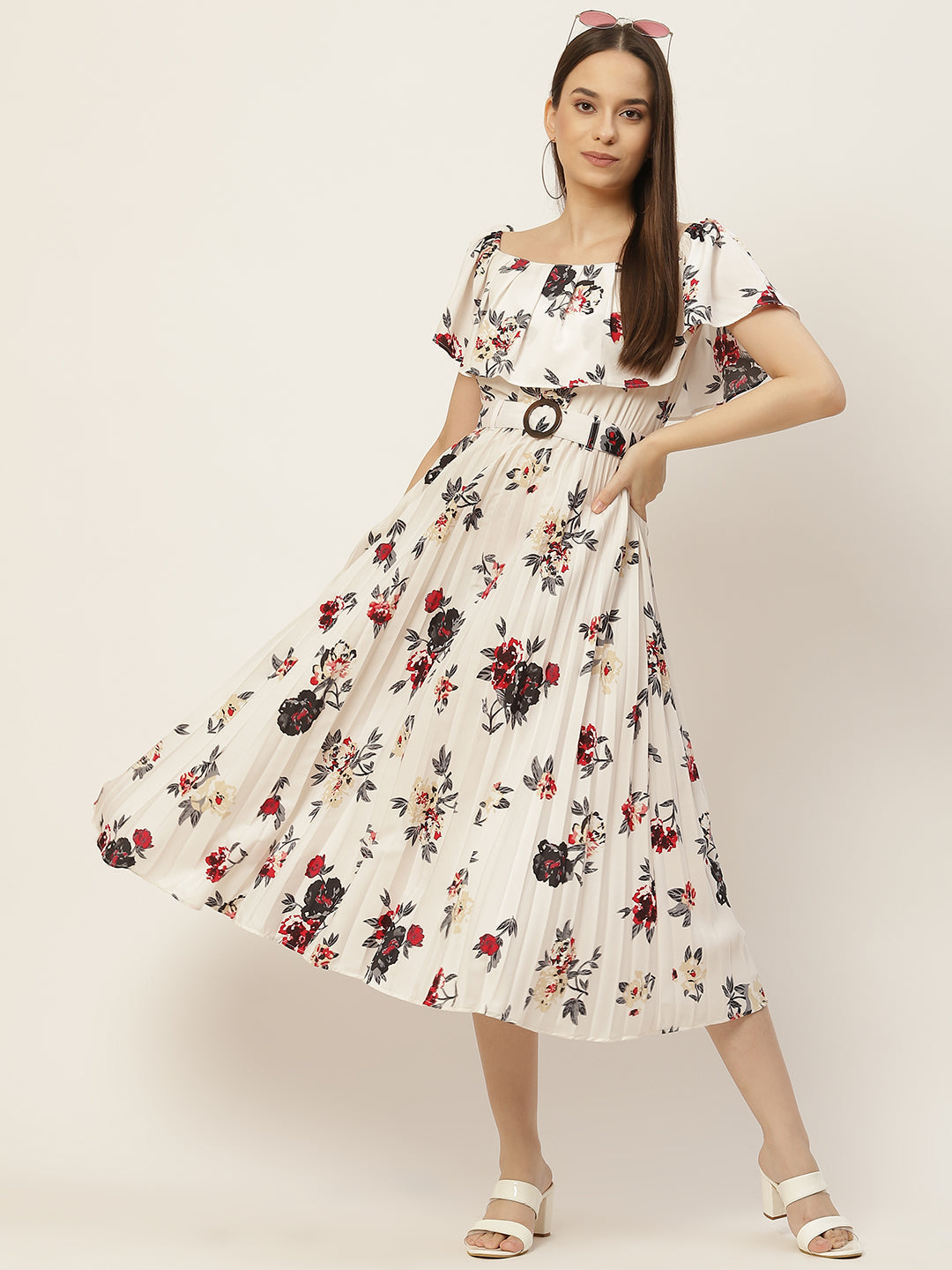 White & Multicoloured Floral Off-Shoulder Layered Crepe A-Line Midi Dress