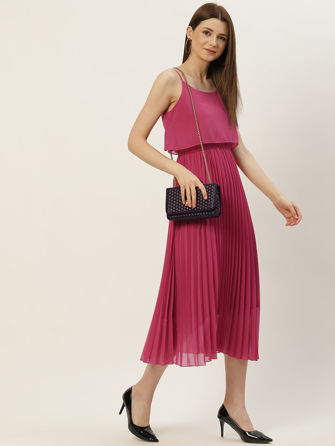 Women A-line Pink Pleated Dress