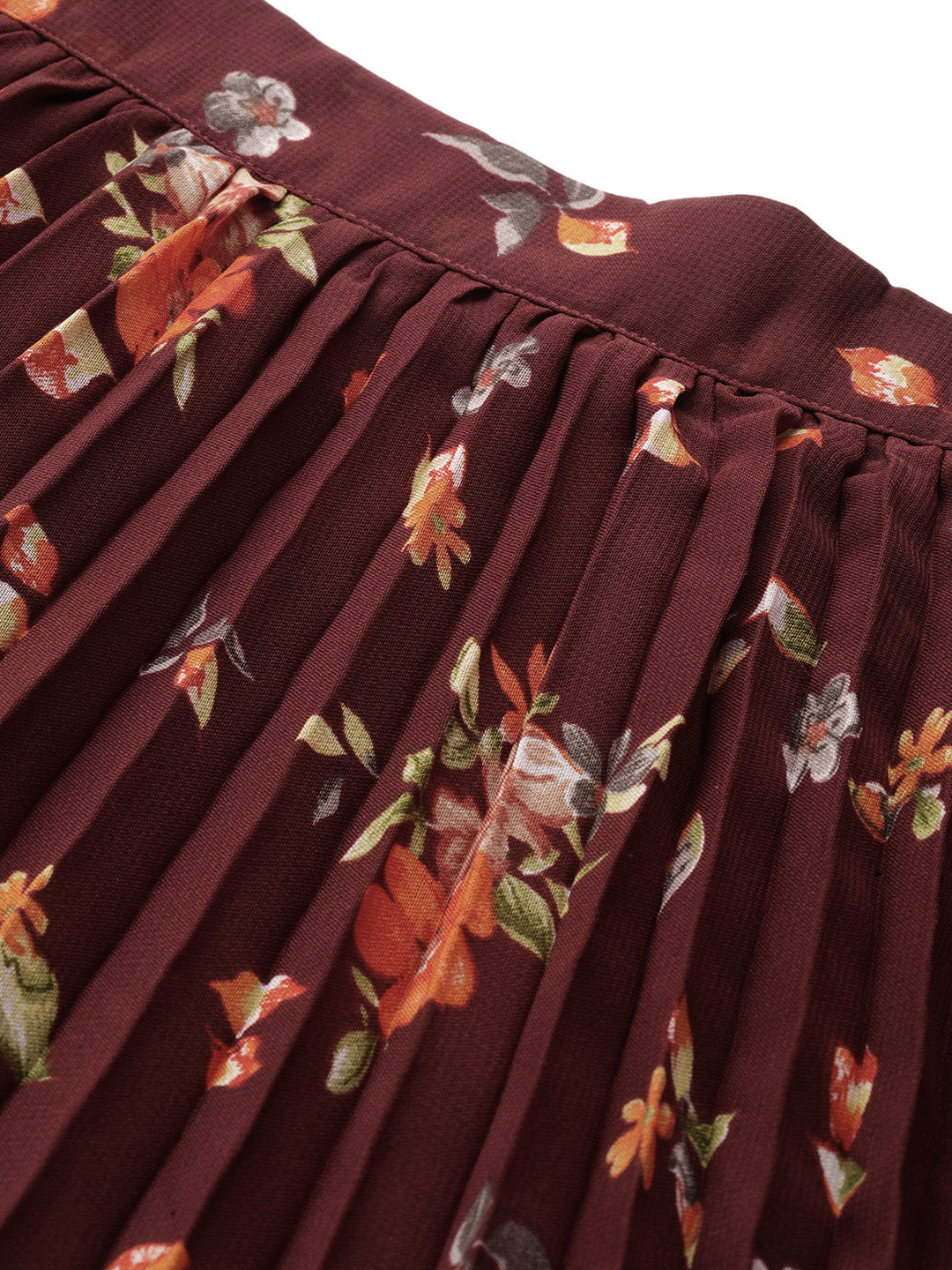 Maroon Floral Printed Accordion Pleated Midi Skirt