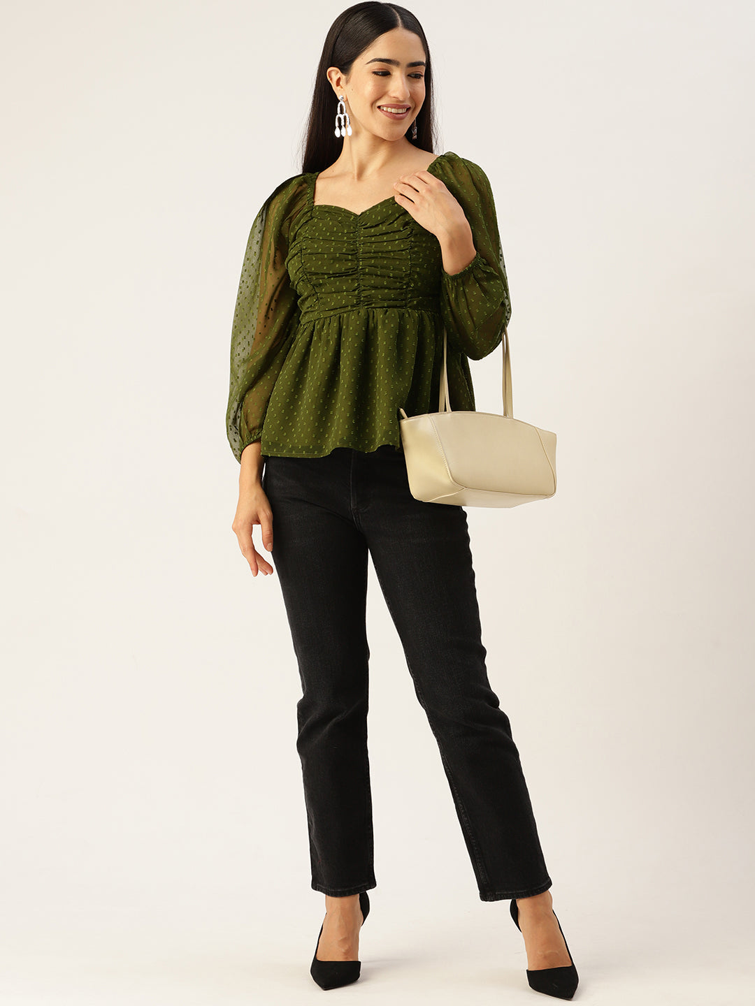 Olive Green Sweetheart Neck Georgette Peplum Top