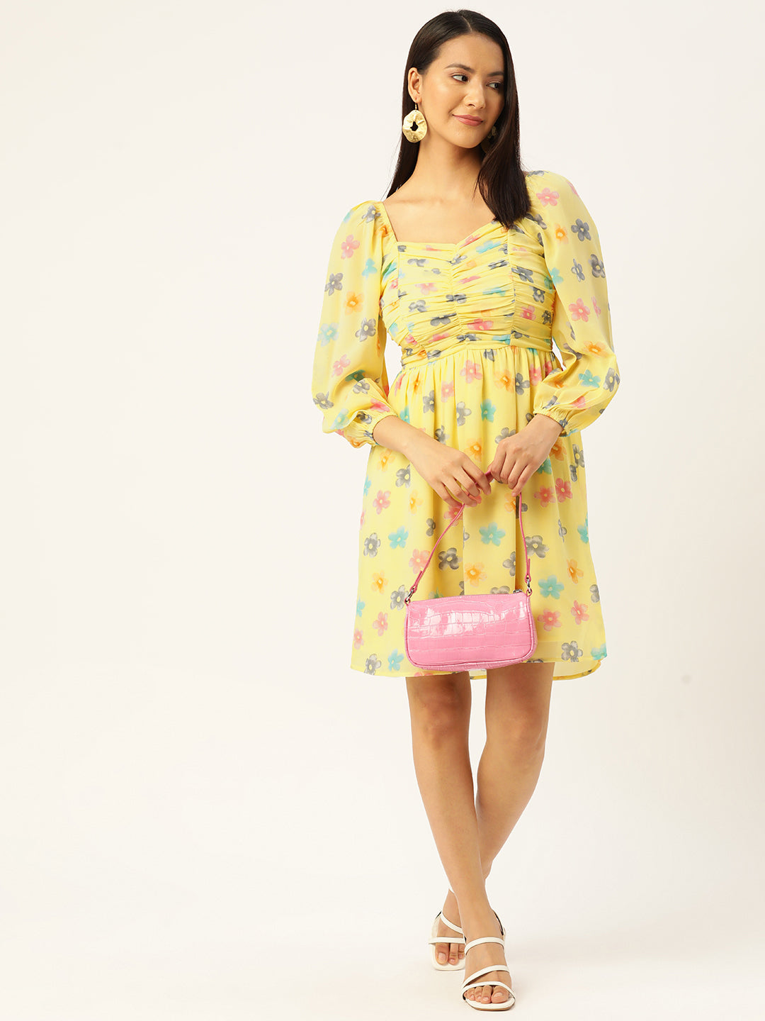 Floral Print Puff Sleeves Sweetheart Neck Georgette Dress