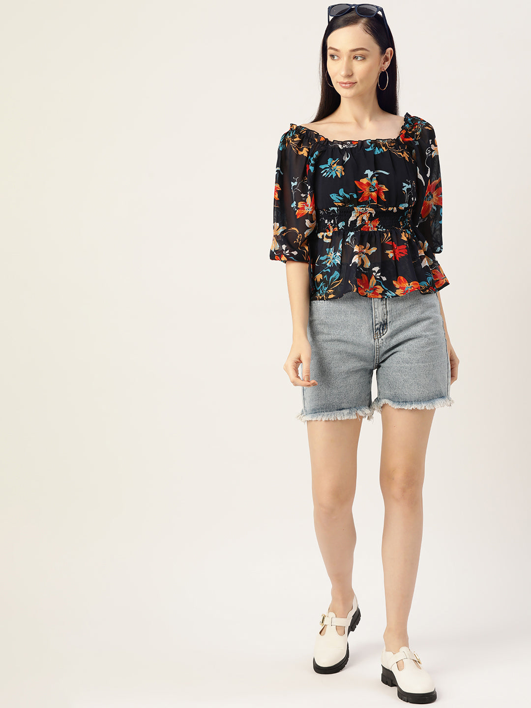 Navy Blue Floral Print Georgette Peplum Top