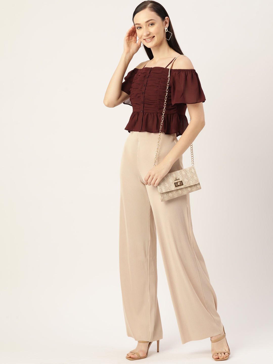 Maroon Ruched Georgette Bardot Top