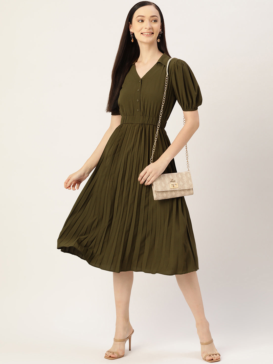 Women Olive Crepe Midi Dress.