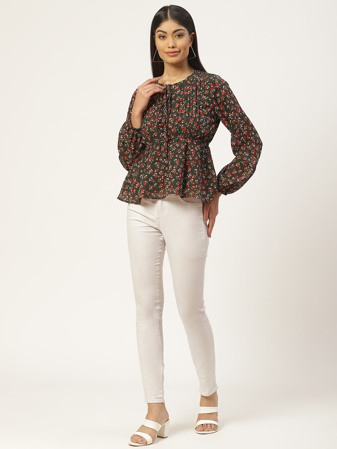 Multiclored Floral Print Tie-Up Neck Georgette Peplum Top