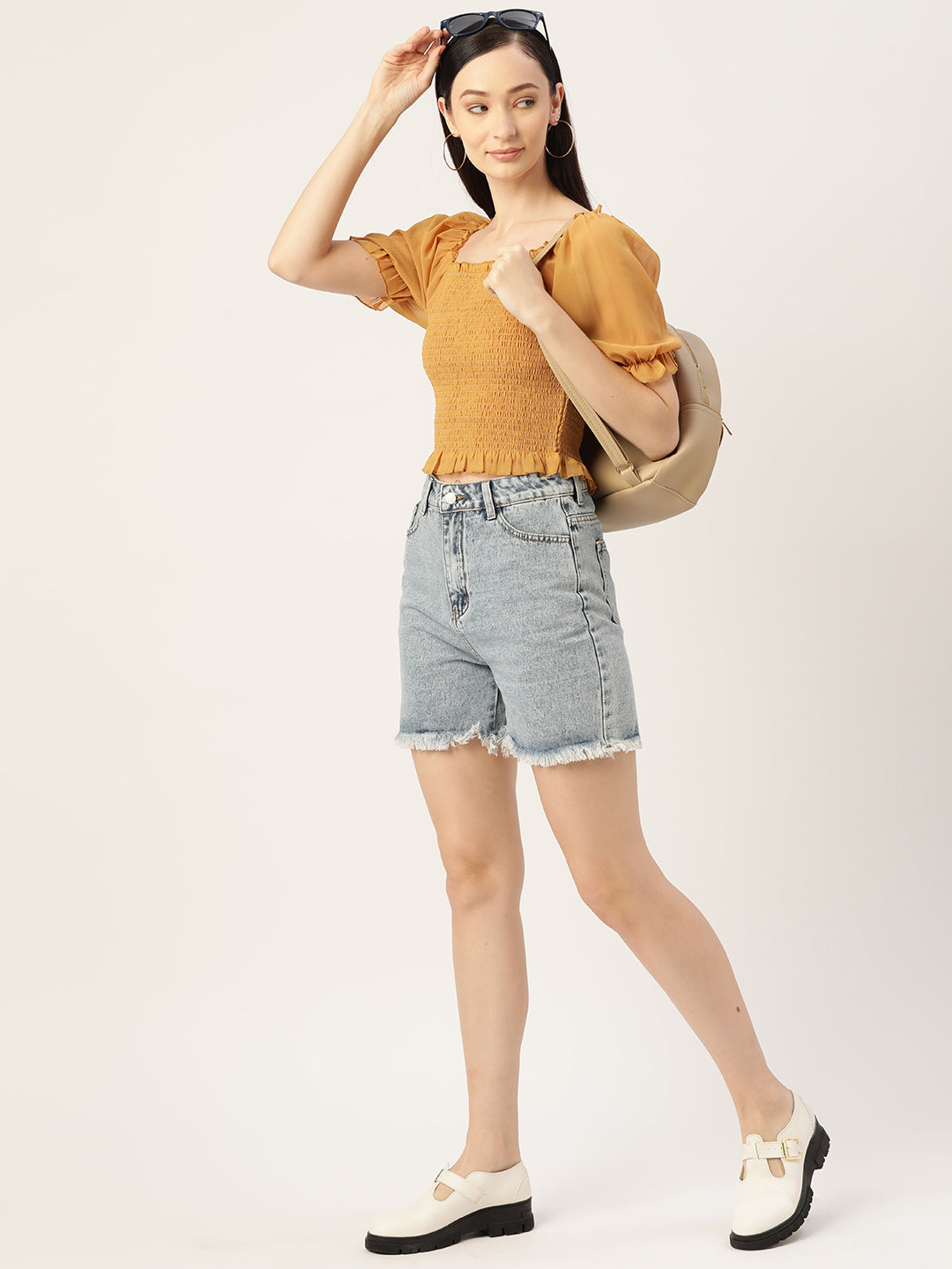 Mustard Smocked Georgette Crop Top