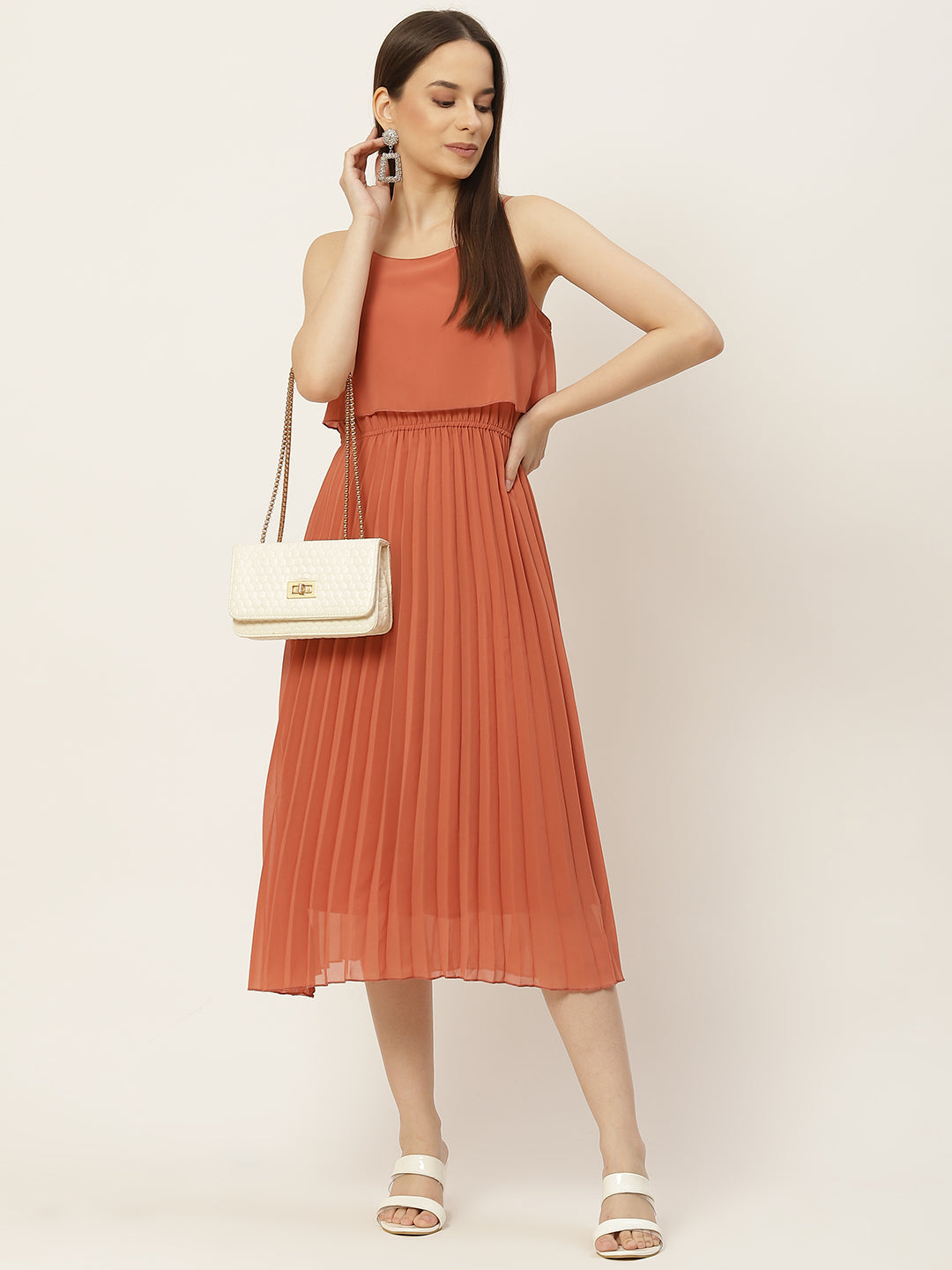 Women A-line Peach Pleated Dress