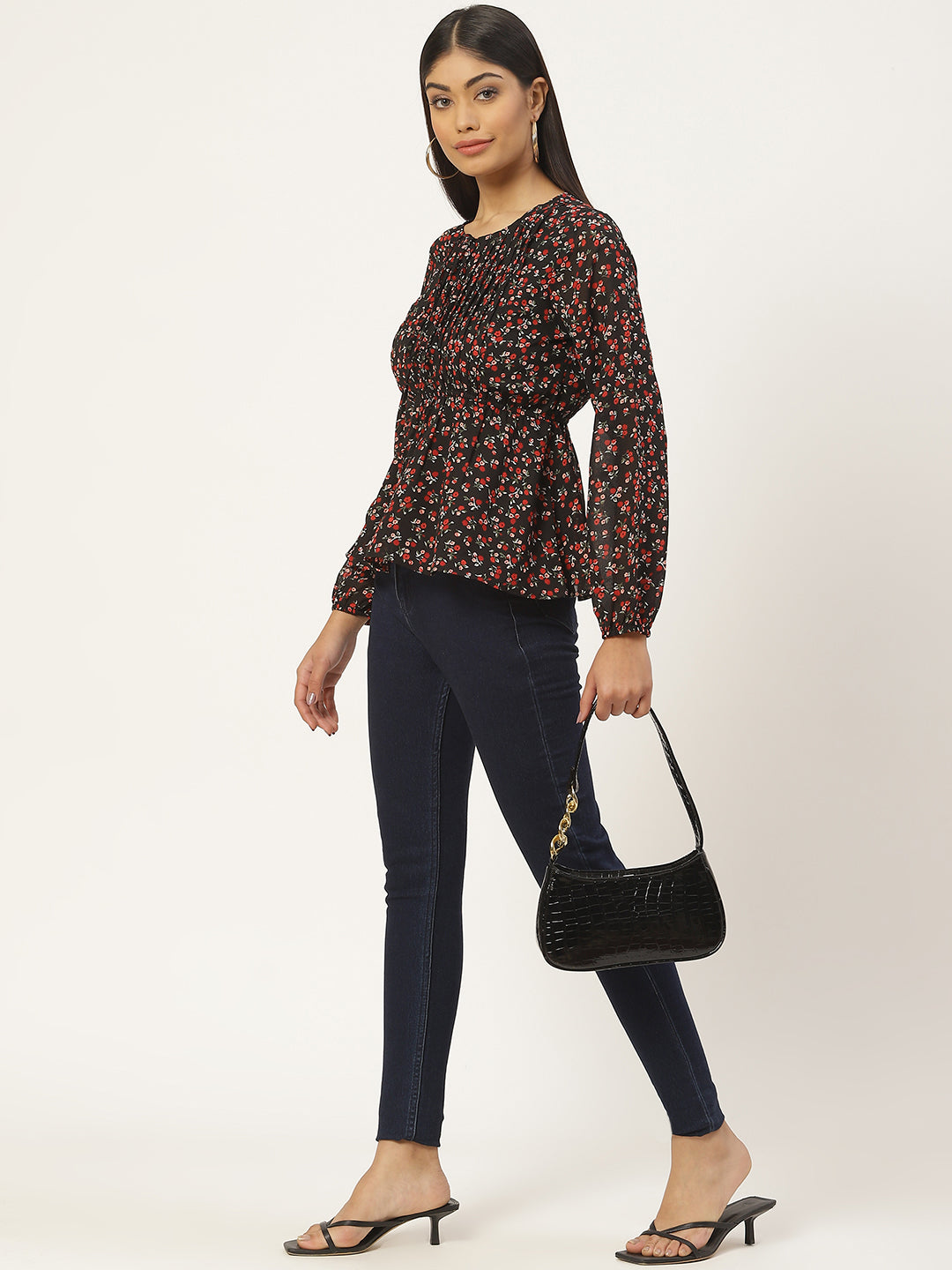 Multicloured Floral Print Tie-Up Neck Georgette Peplum Top