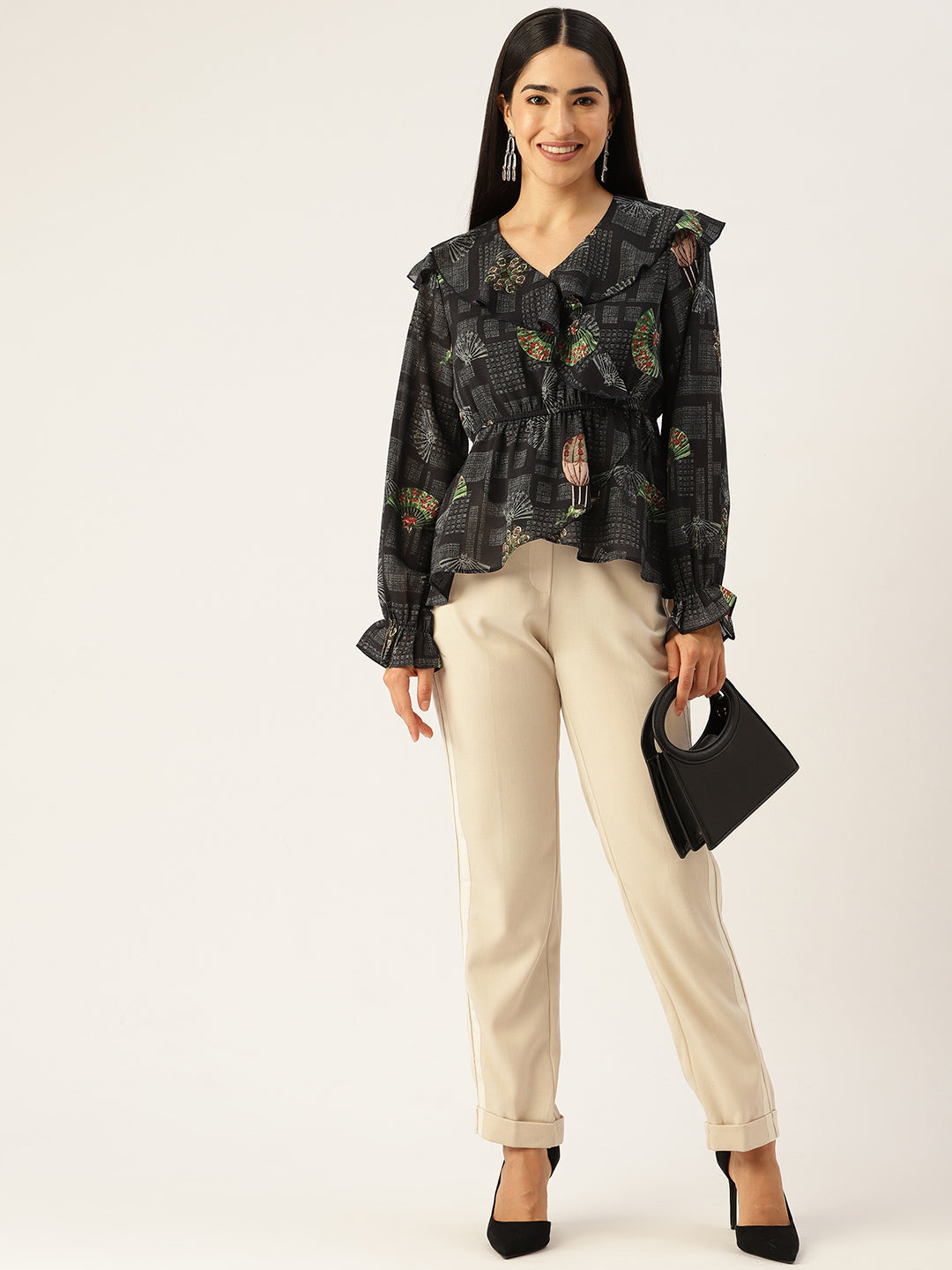 Print Bishop Sleeves Ruffles Georgette Wrap Top