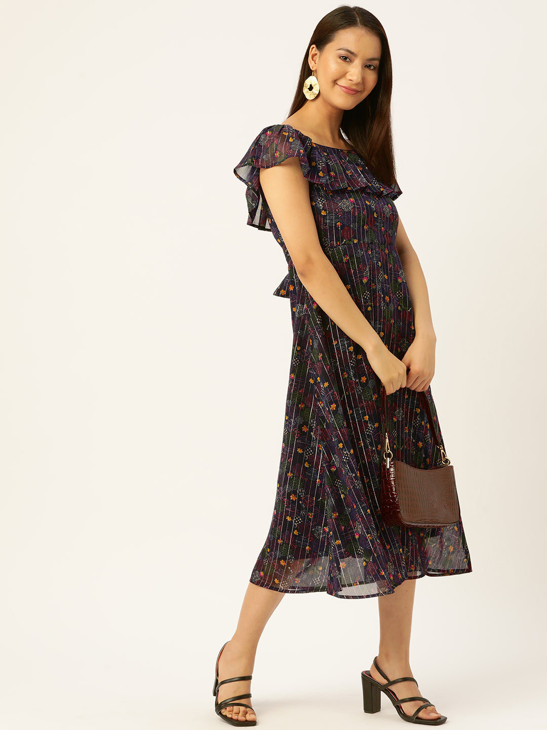 Floral Print Flared Sleeves Georgette Midi Dress