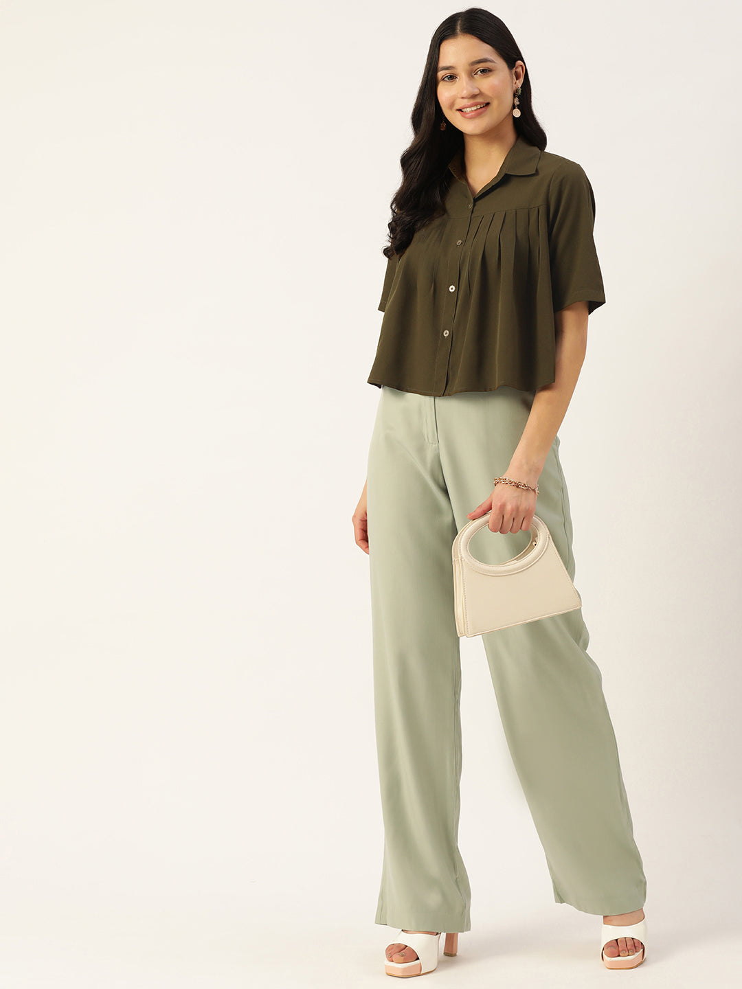 Women Solid Olive Green Casual Shirt