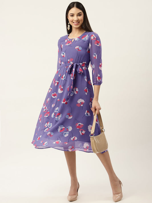 Purple & Red Floral Georgette A-Line Midi Dress