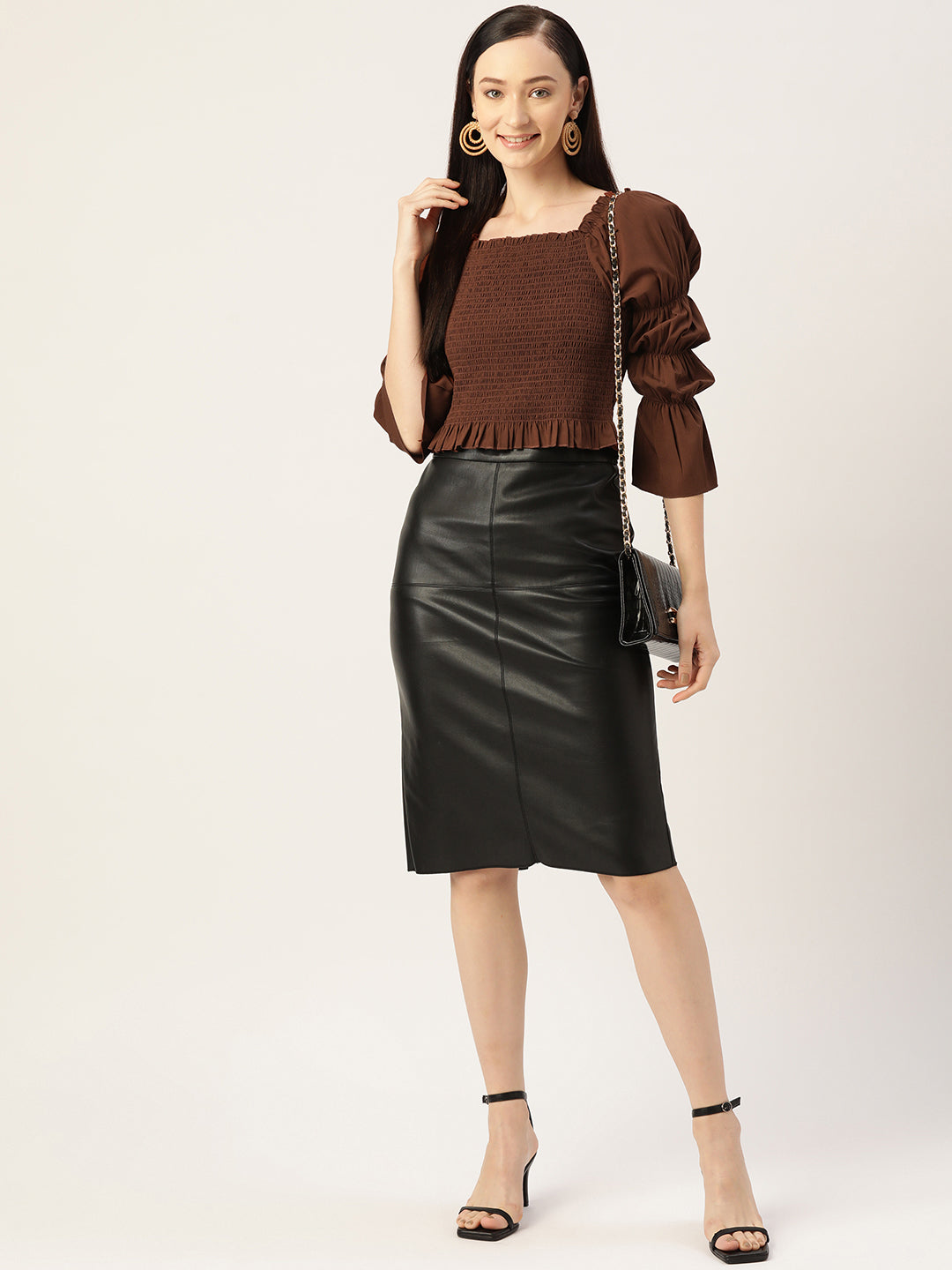 Smocked Brown Crepe Peplum Top