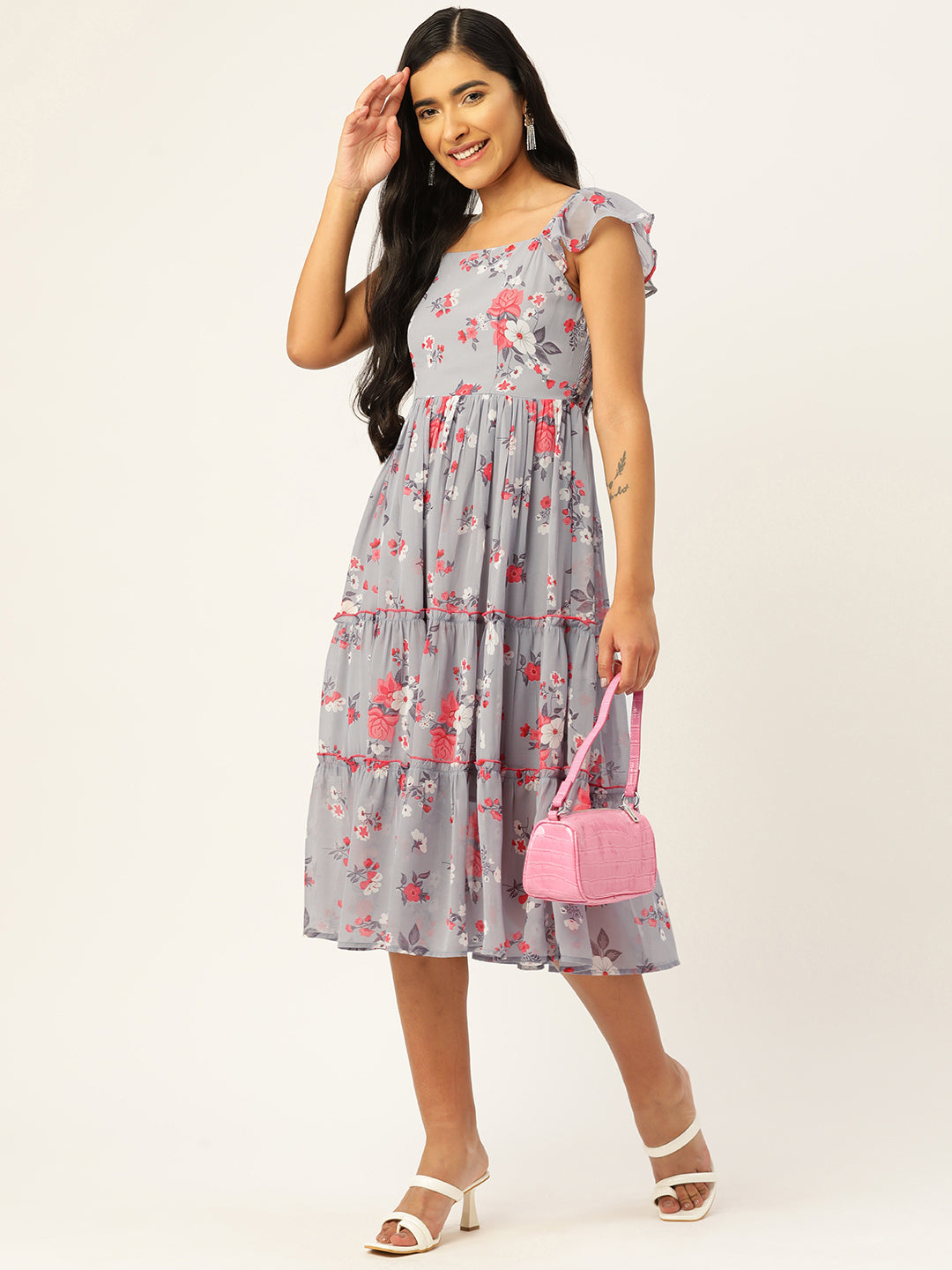 Floral Print Flutter Sleeves Georgette Midi Dress