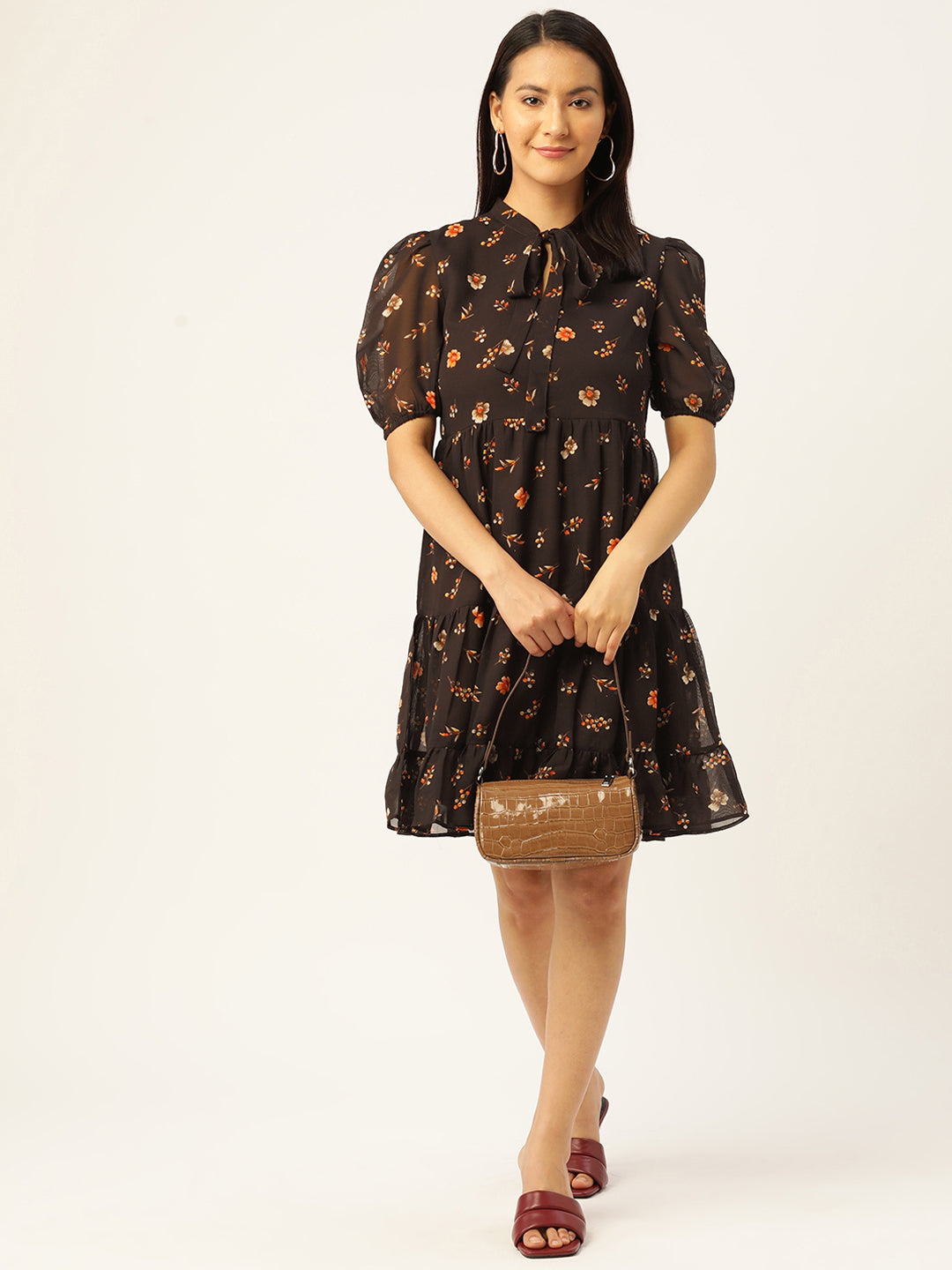 Floral Print Puff Sleeves Tie-Up Neck Georgette A-Line Dress