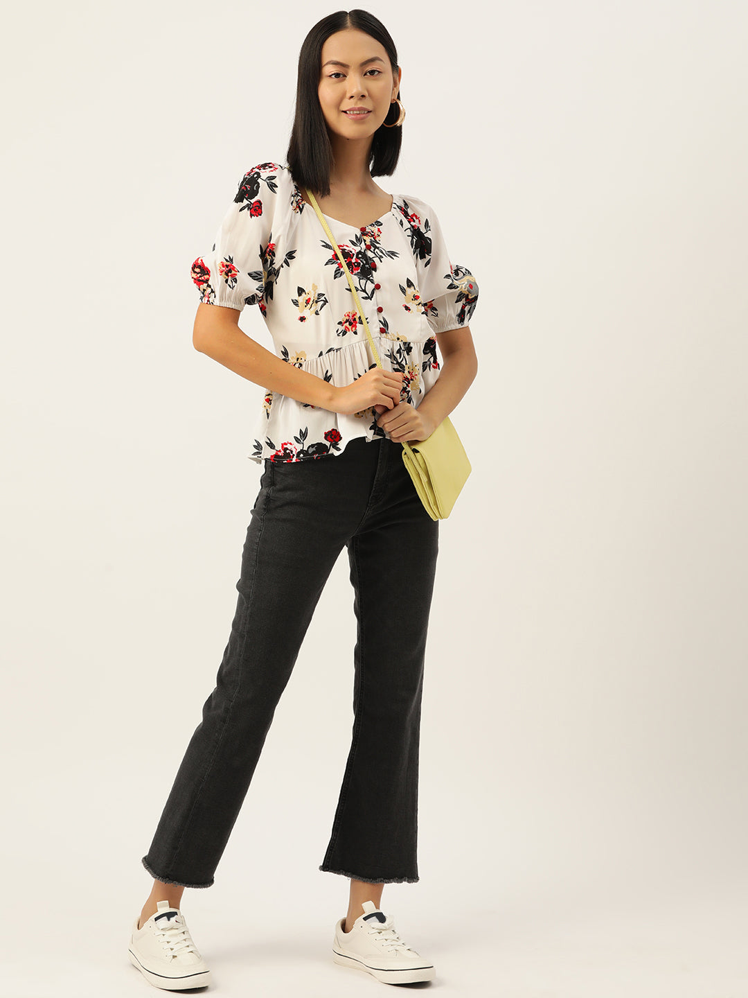 Slenor Floral Print Puff Sleeve Crepe Peplum Top