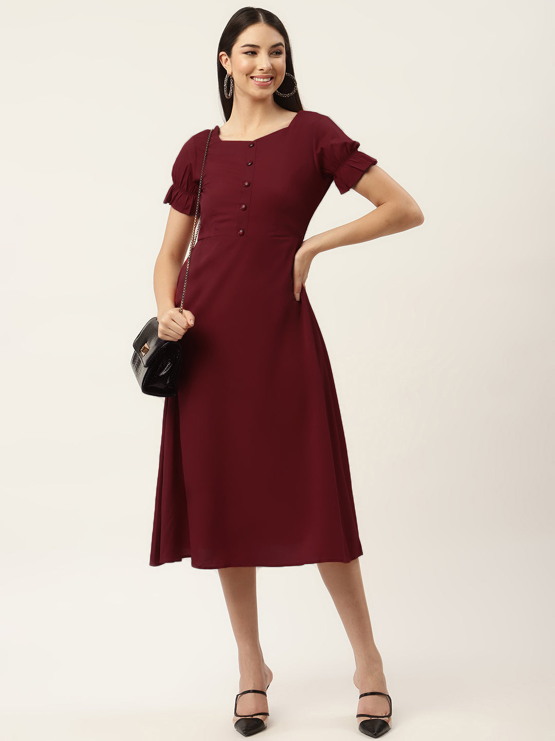 Maroon Crepe Midi Dress