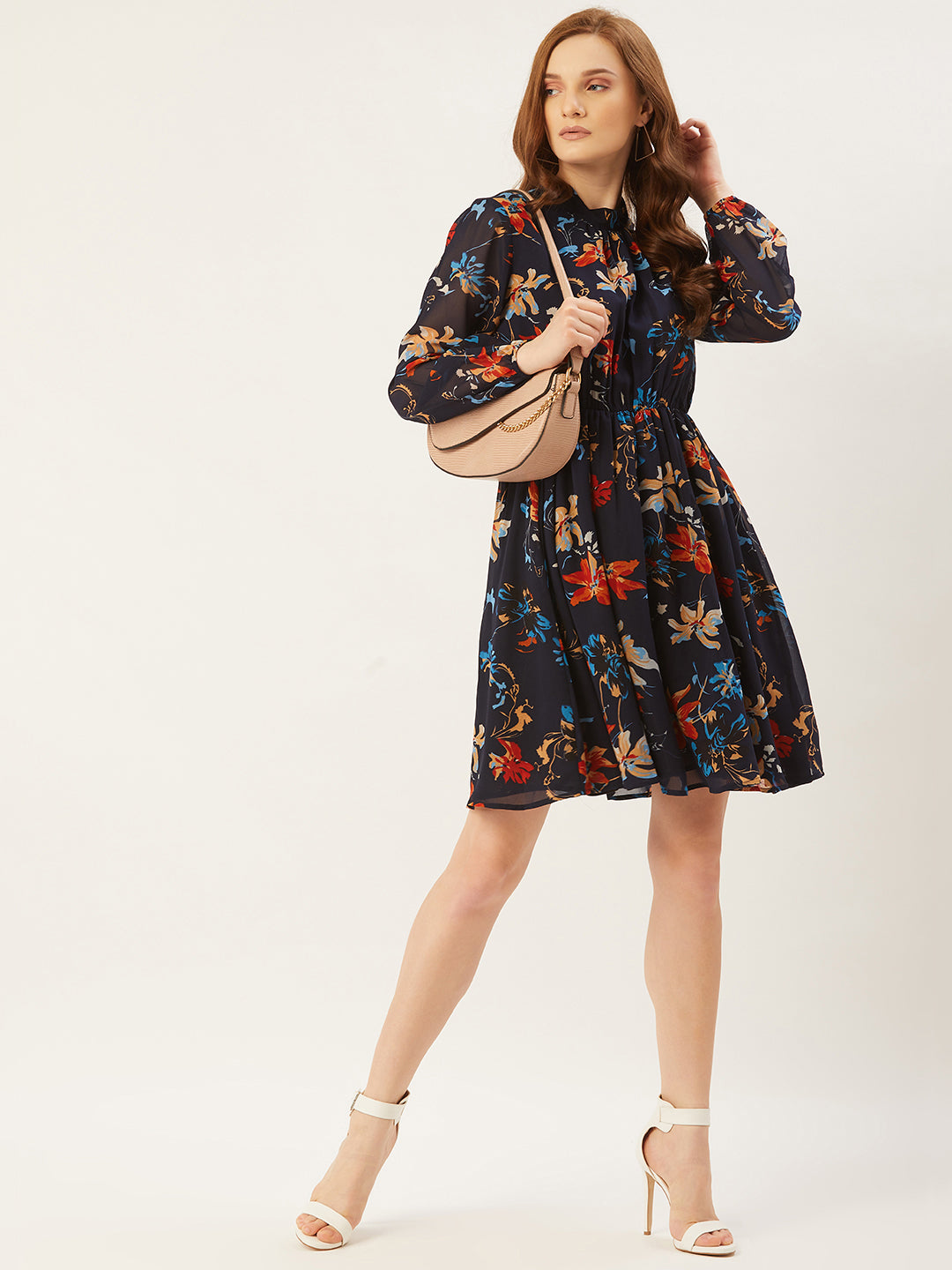 Women Navy Blue Floral Printed A-Line Dress