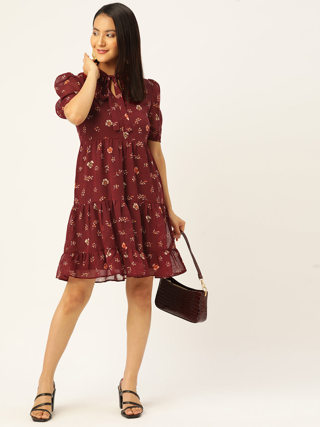 Floral Print Puff Sleeves Tie-Up Neck Georgette A-Line Dress