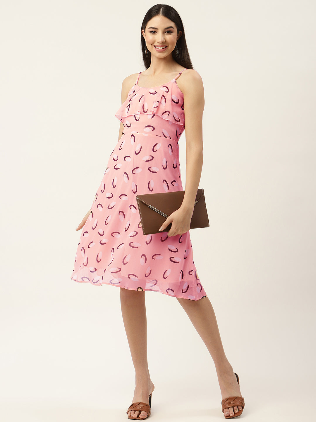 Peach-Coloured Layered Chiffon A-Line Midi Dress