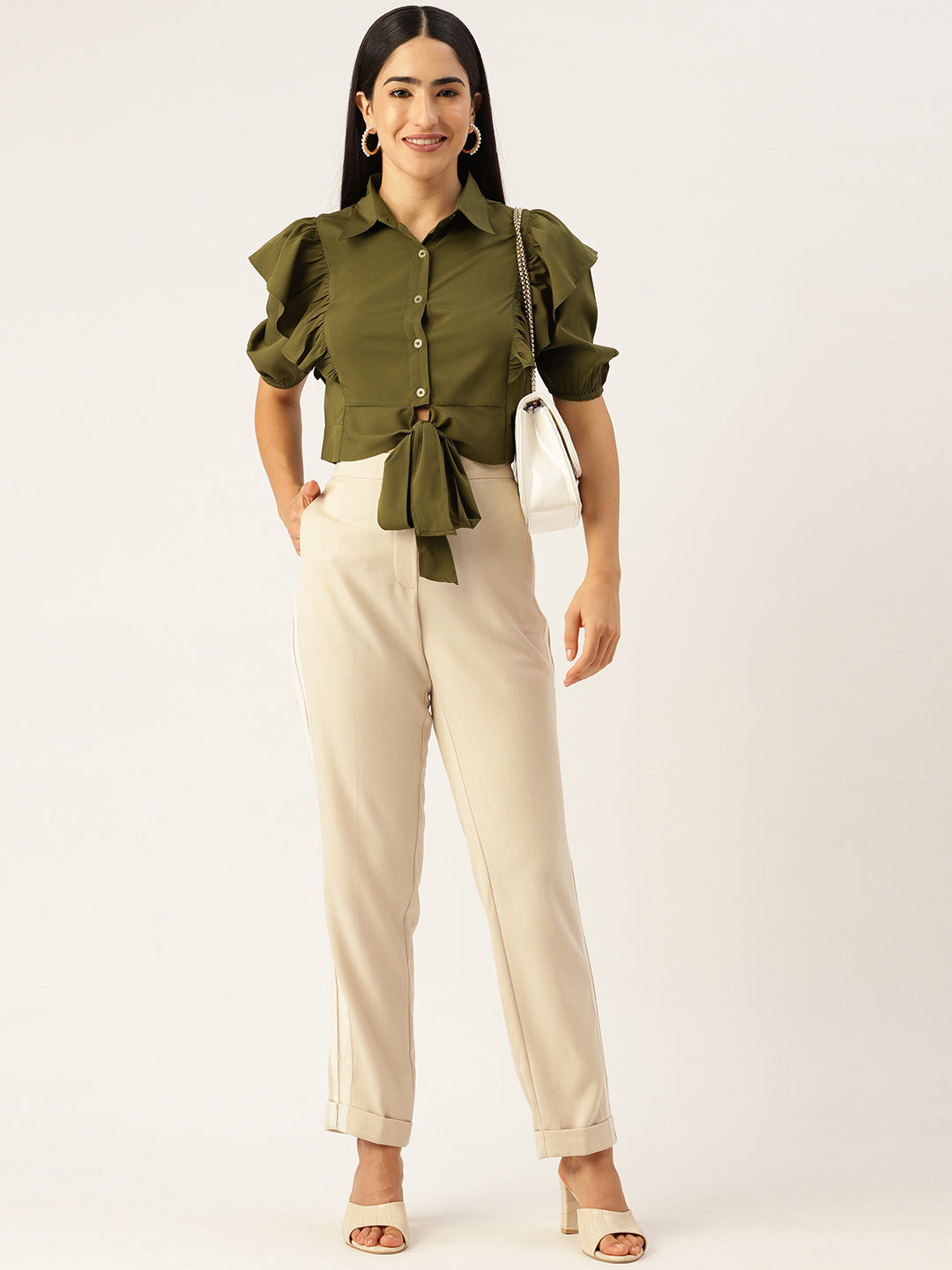 Olive Ruffles Crepe Crop Top