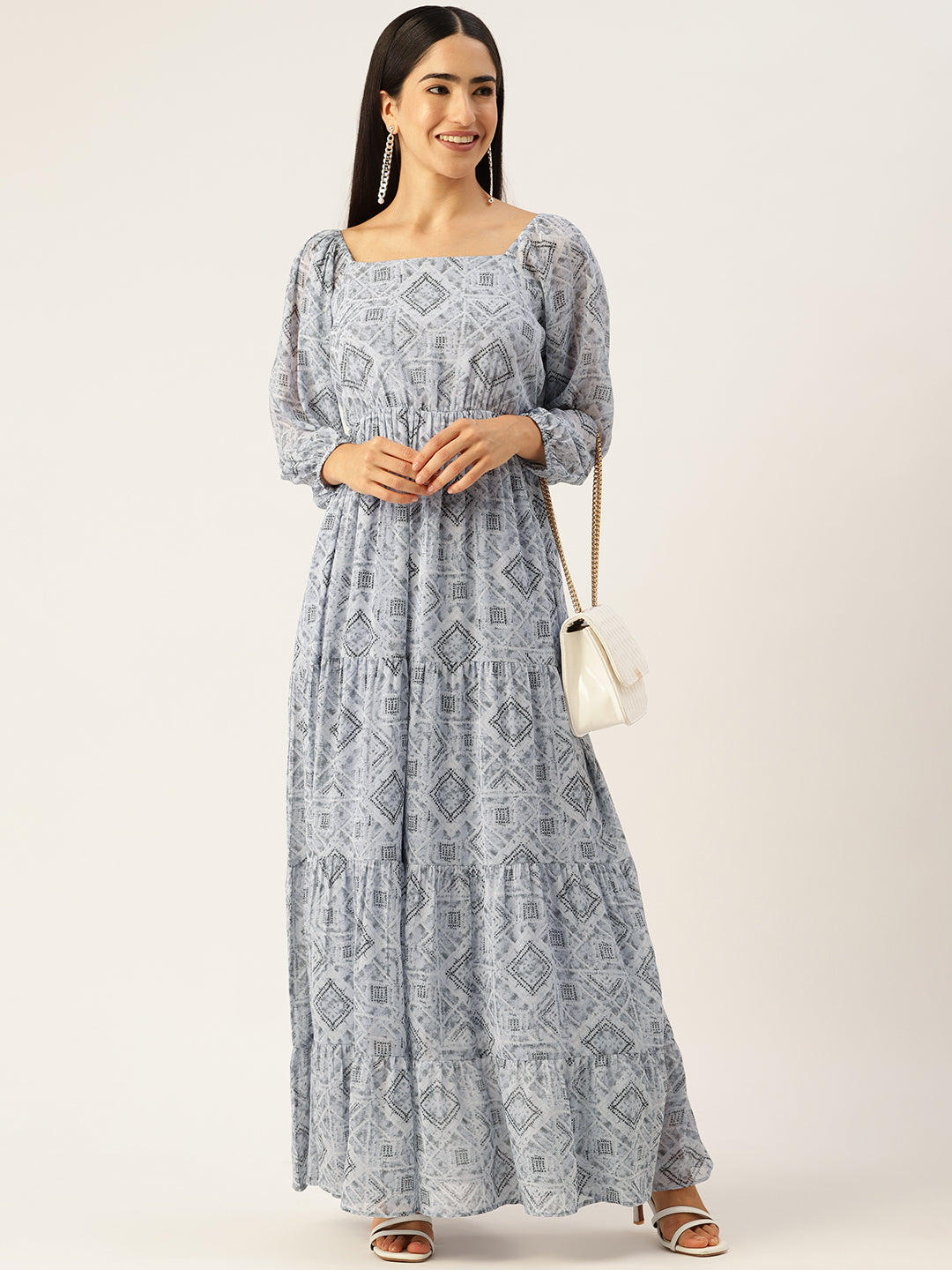 Blue Geometric Printed Puff Sleeves Georgette A-Line Maxi Dress