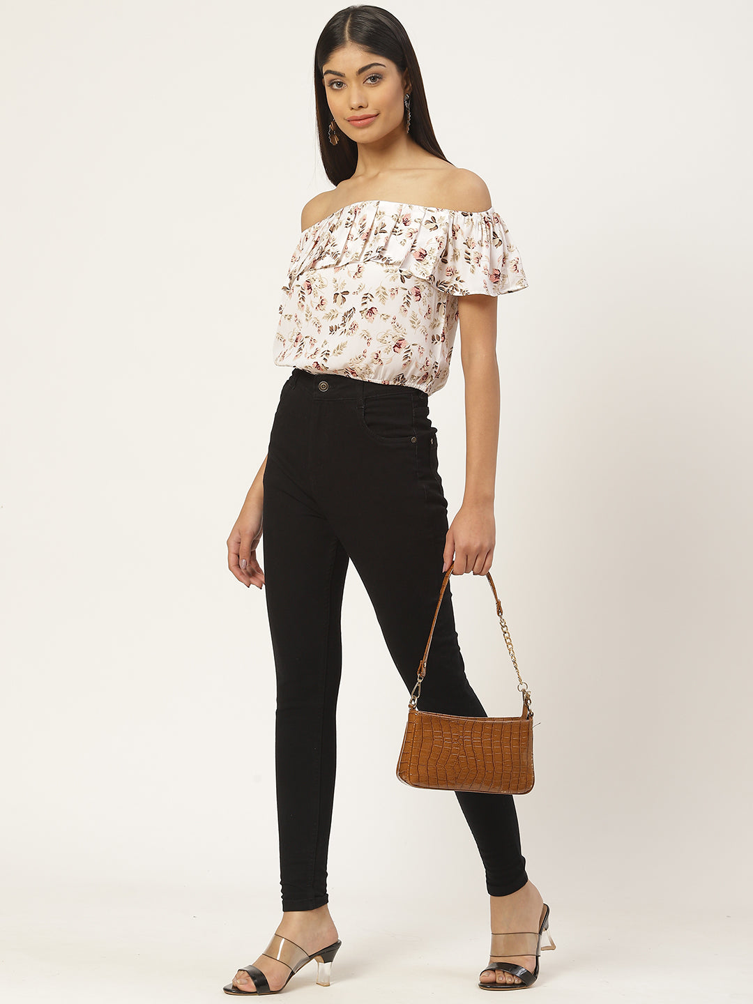 White Floral Print Off-Shoulder Ruffles Bardot Top