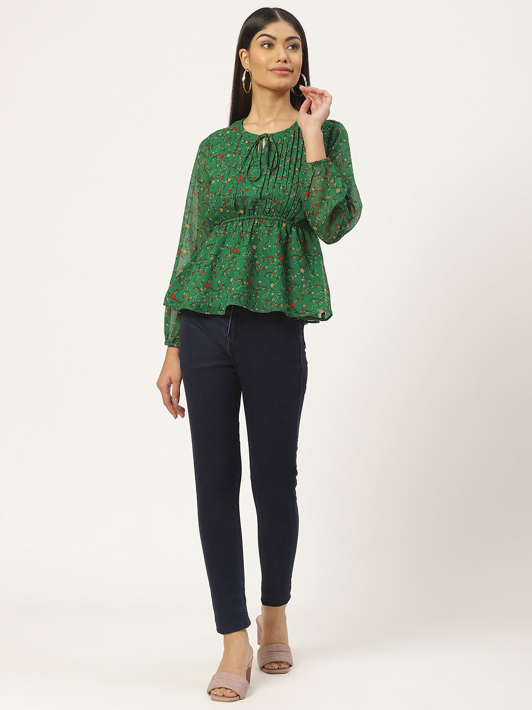 Green Floral Print Tie-Up Neck Georgette Peplum Top